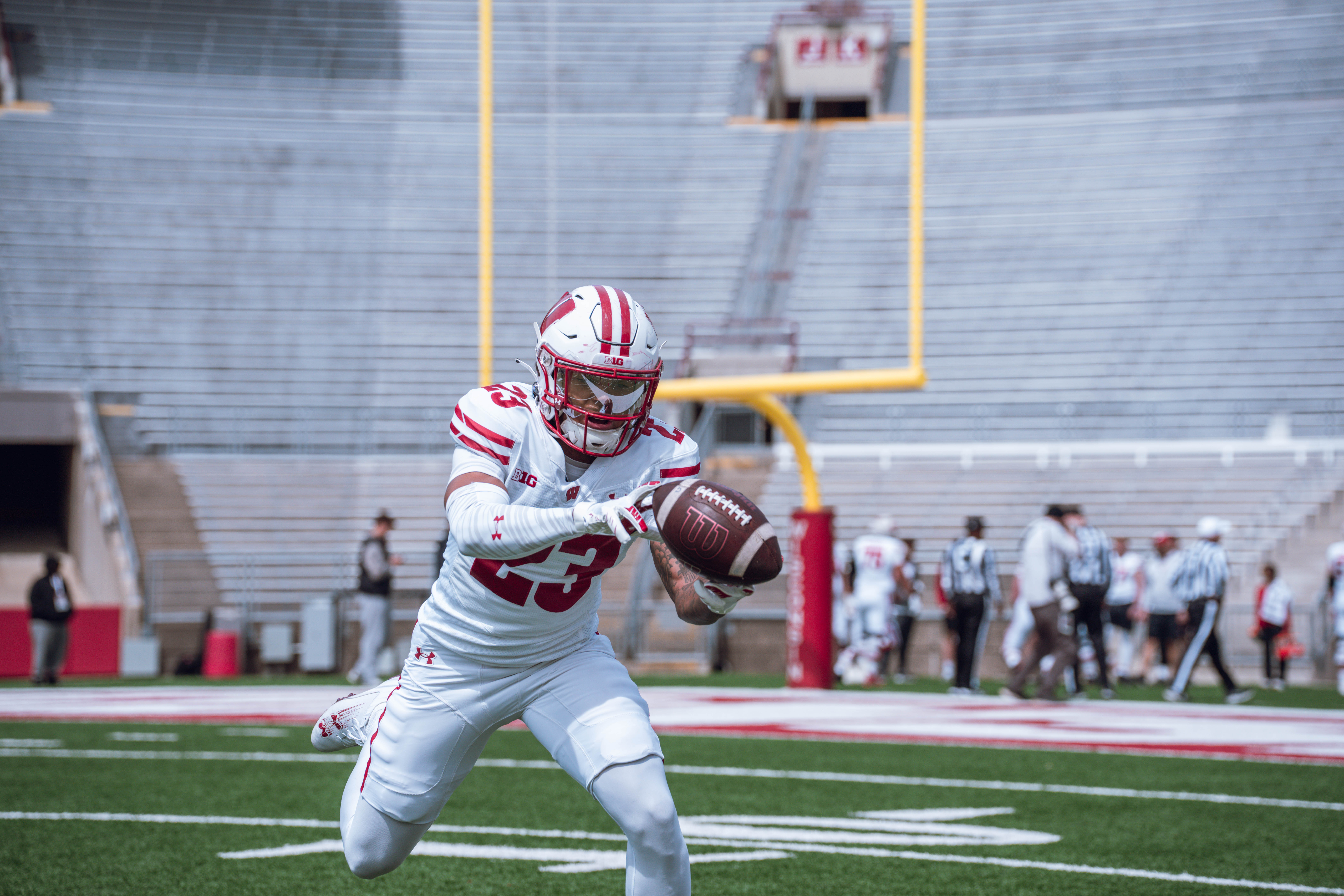Wisconsin Badgers wide receiver Davion Thomas-Kumpula #23 hauls in a catch during warmups before the Wisconsin Football Spring Showcase at Camp Randall Stadium on April 19, 2025 in Madison, Wisconsin. Photography by Ross Harried for Second Crop Sports.