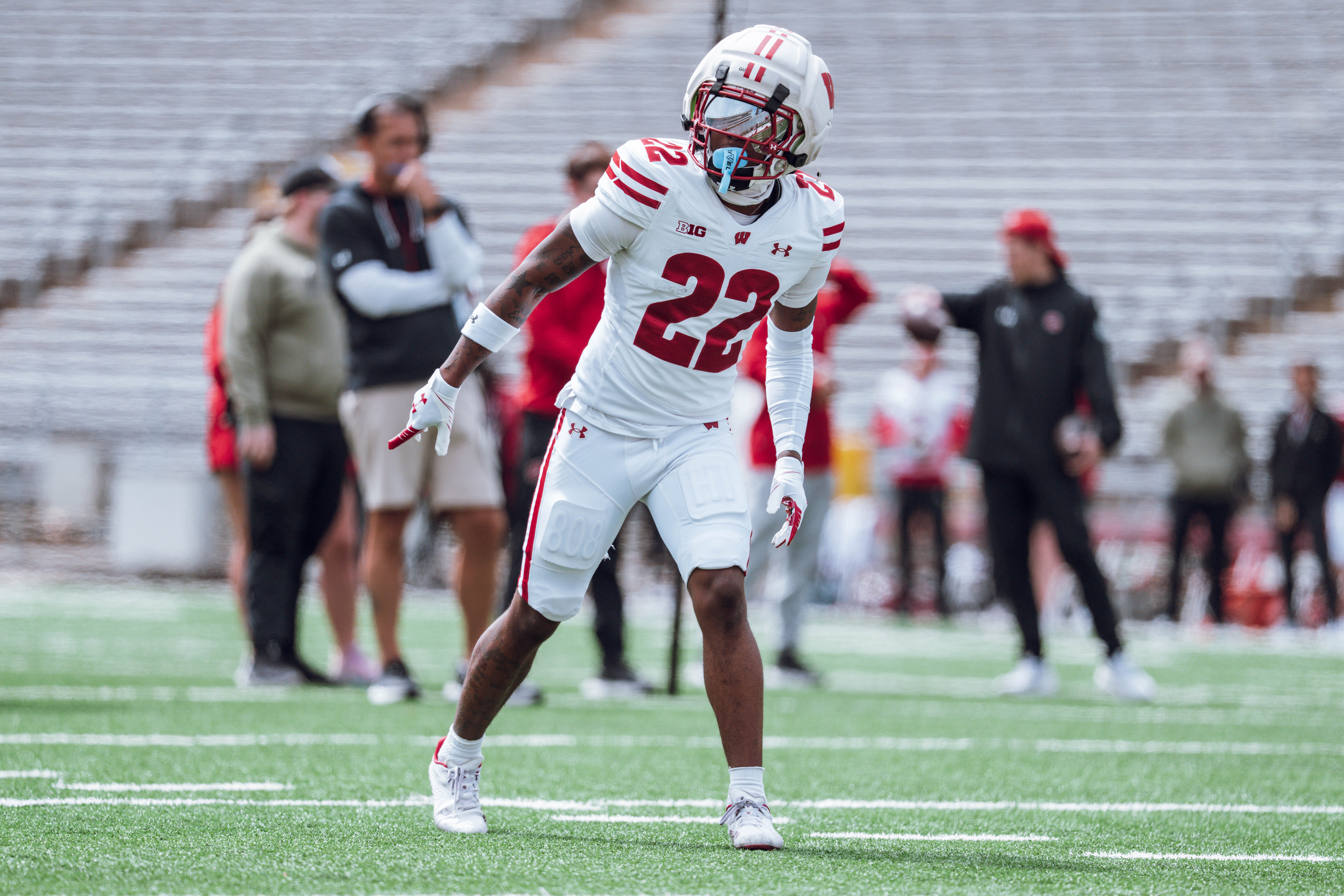 Wisconsin Badgers wide receiver Kyan Berry-Johnson #22 lines up before a play during the Wisconsin Football Spring Showcase at Camp Randall Stadium on April 19, 2025 in Madison, Wisconsin. Photography by Ross Harried for Second Crop Sports.