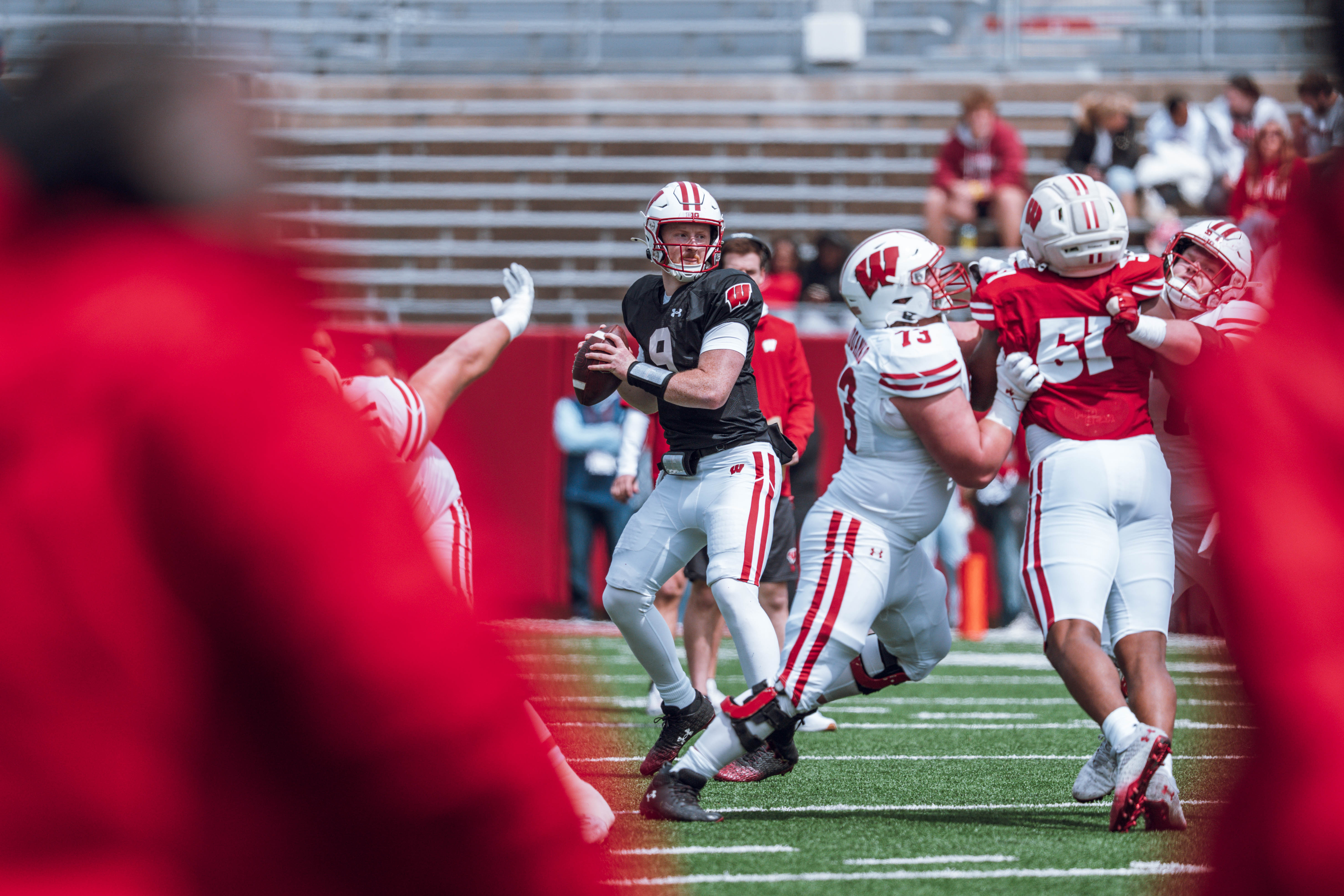 Wisconsin Badgers quarterback Billy Edwards Jr. #9 drops back to pass during the Wisconsin Football Spring Showcase at Camp Randall Stadium on April 19, 2025 in Madison, Wisconsin. Photography by Ross Harried for Second Crop Sports.