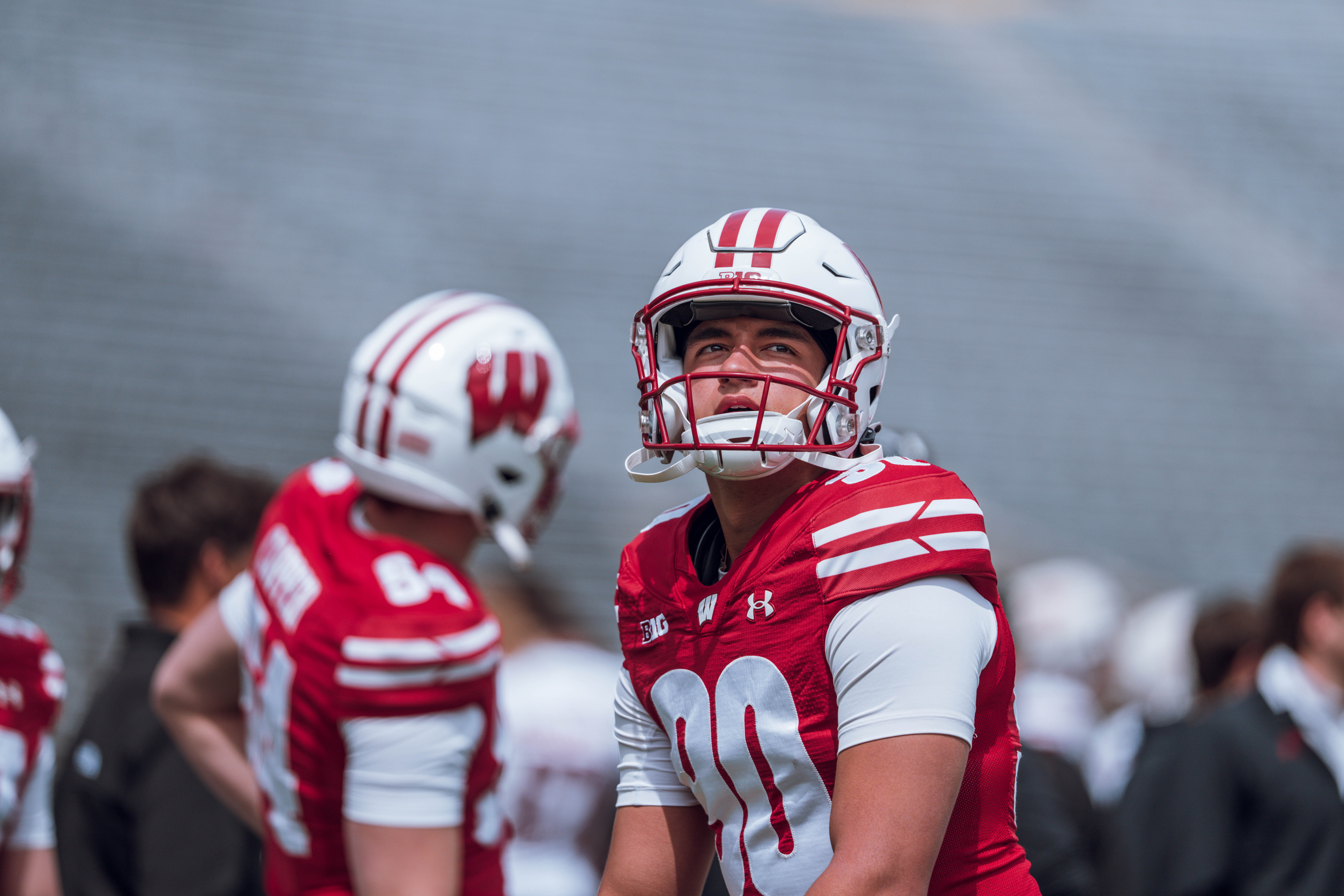 Wisconsin Badgers kicker Nathanial Vakos #90 eyes his mark during the Wisconsin Football Spring Showcase at Camp Randall Stadium on April 19, 2025 in Madison, Wisconsin. Photography by Ross Harried for Second Crop Sports.