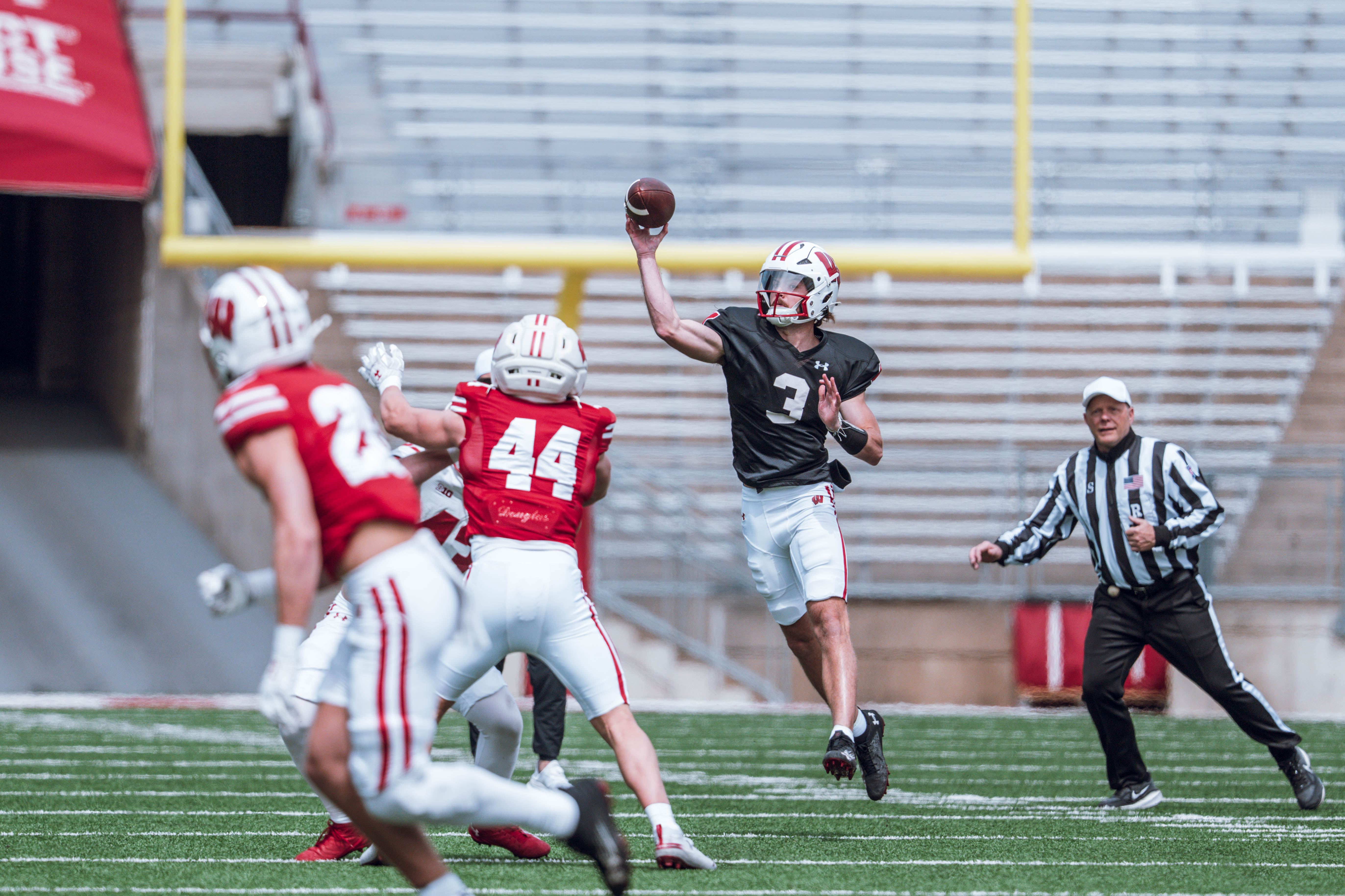 Wisconsin Badgers quarterback Carter Smith #3 attempts a pass during the Wisconsin Football Spring Showcase at Camp Randall Stadium on April 19, 2025 in Madison, Wisconsin. Photography by Ross Harried for Second Crop Sports.