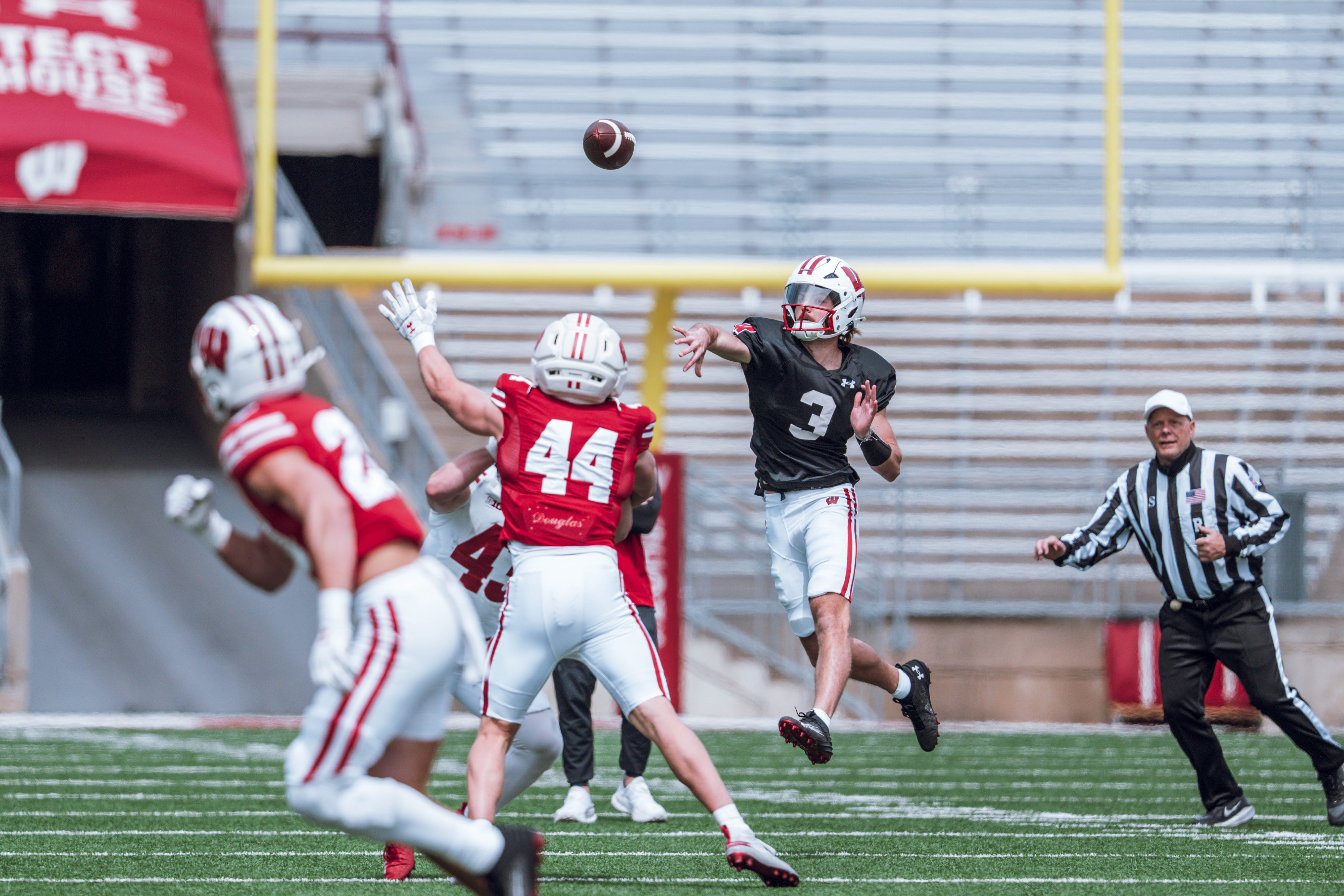 Wisconsin Badgers quarterback Carter Smith #3 attempts a pass during the Wisconsin Football Spring Showcase at Camp Randall Stadium on April 19, 2025 in Madison, Wisconsin. Photography by Ross Harried for Second Crop Sports.