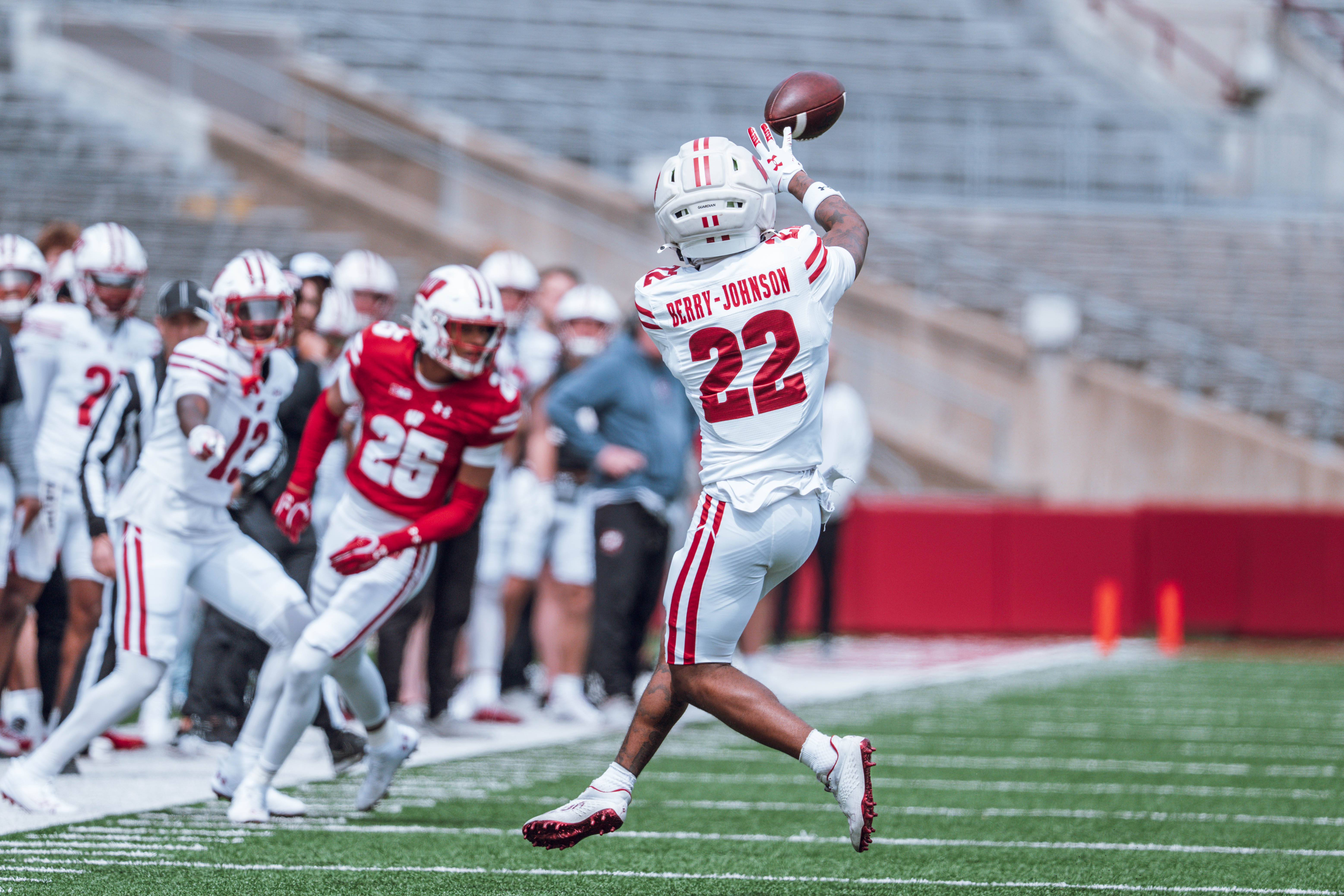 Wisconsin Badgers wide receiver Kyan Berry-Johnson #22 catches a pass during the Wisconsin Football Spring Showcase at Camp Randall Stadium on April 19, 2025 in Madison, Wisconsin. Photography by Ross Harried for Second Crop Sports.