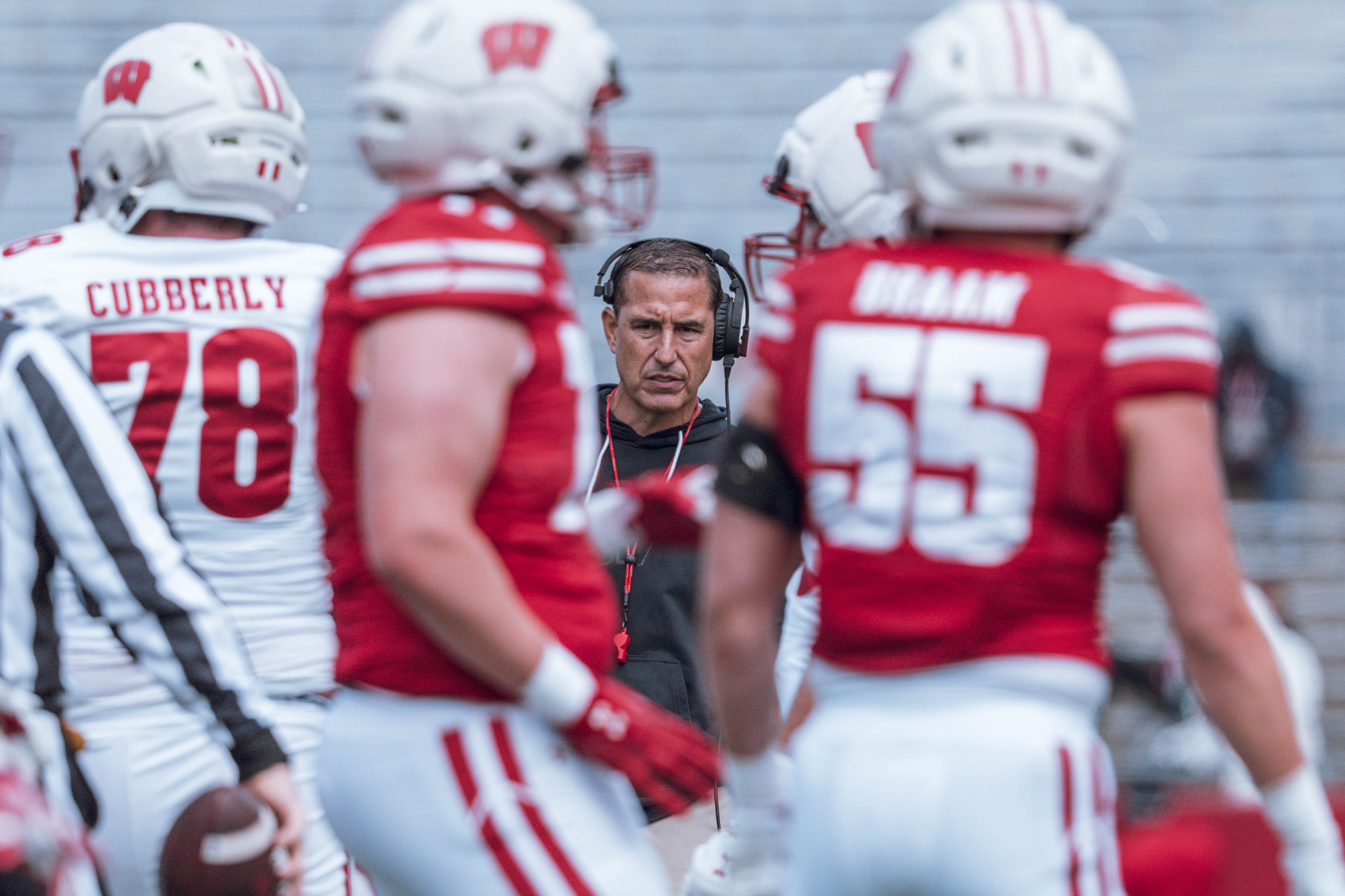 Wisconsin Badgers head coach Luke Fickell watches closely during the Wisconsin Football Spring Showcase at Camp Randall Stadium on April 19, 2025 in Madison, Wisconsin. Photography by Ross Harried for Second Crop Sports.