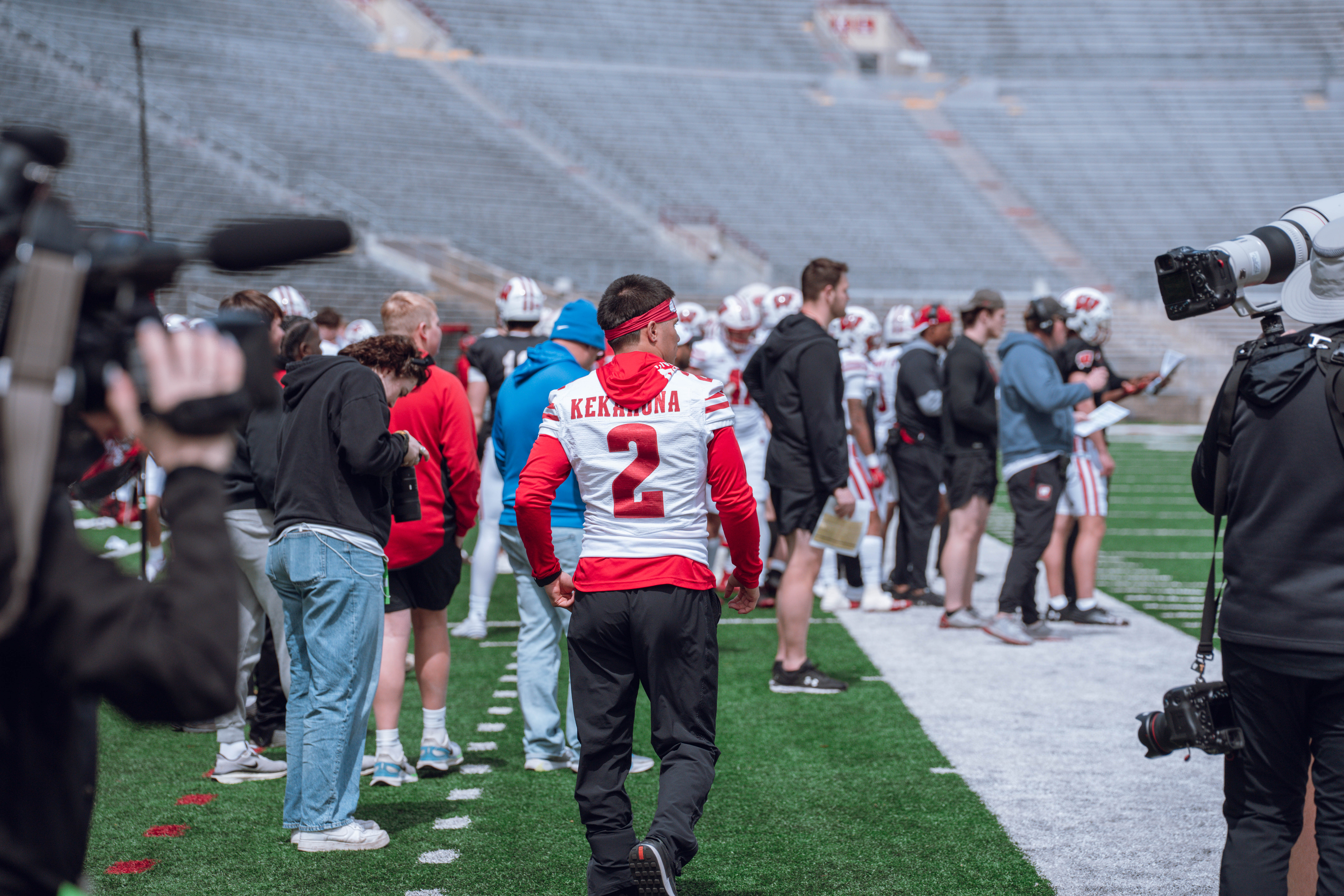 Wisconsin Badgers wide receiver Trech Kekahuna #2 walks the offensive sideline during the Wisconsin Football Spring Showcase at Camp Randall Stadium on April 19, 2025 in Madison, Wisconsin. Photography by Ross Harried for Second Crop Sports.