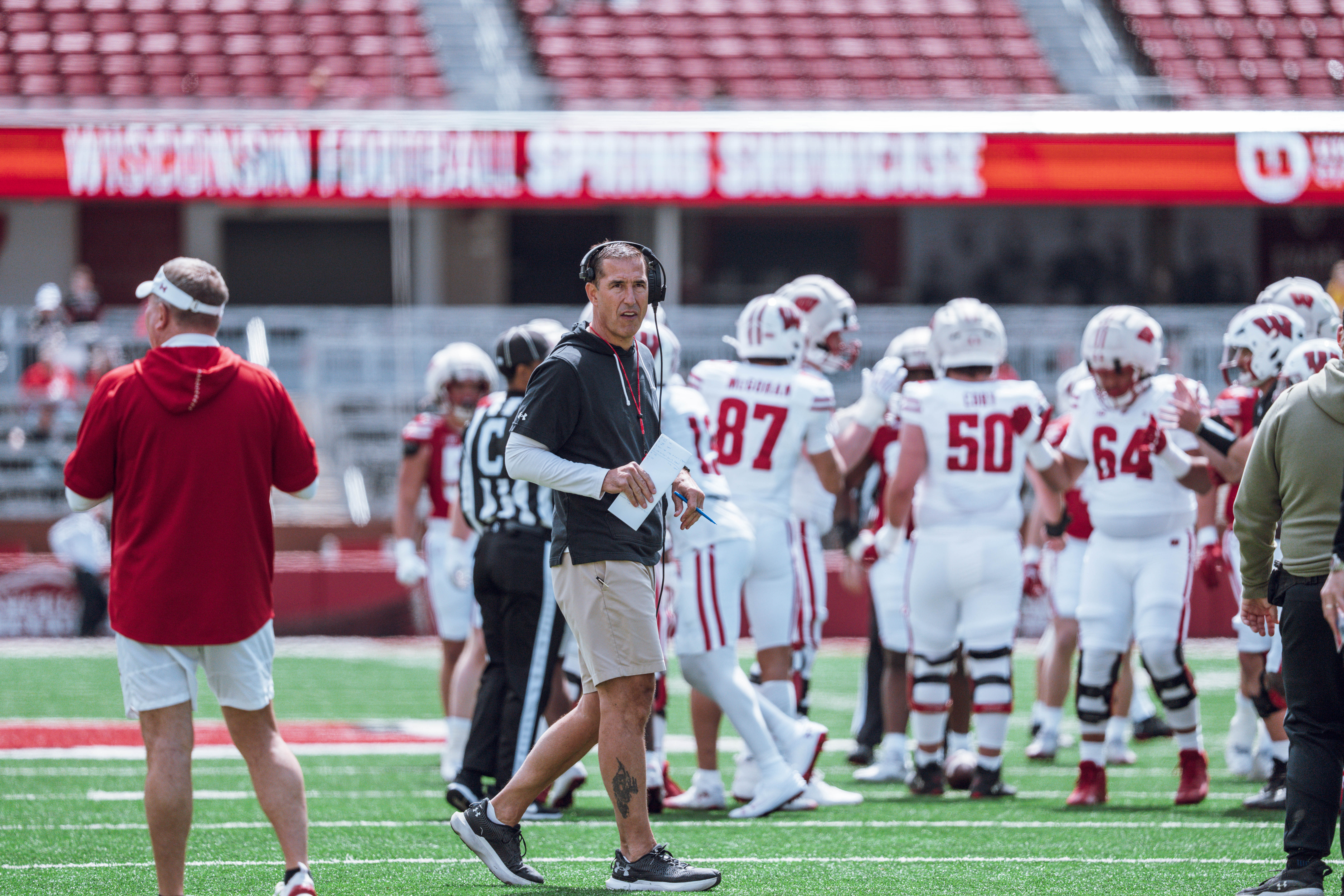 Wisconsin Badgers head coach Luke Fickell during the Wisconsin Football Spring Showcase at Camp Randall Stadium on April 19, 2025 in Madison, Wisconsin. Photography by Ross Harried for Second Crop Sports.