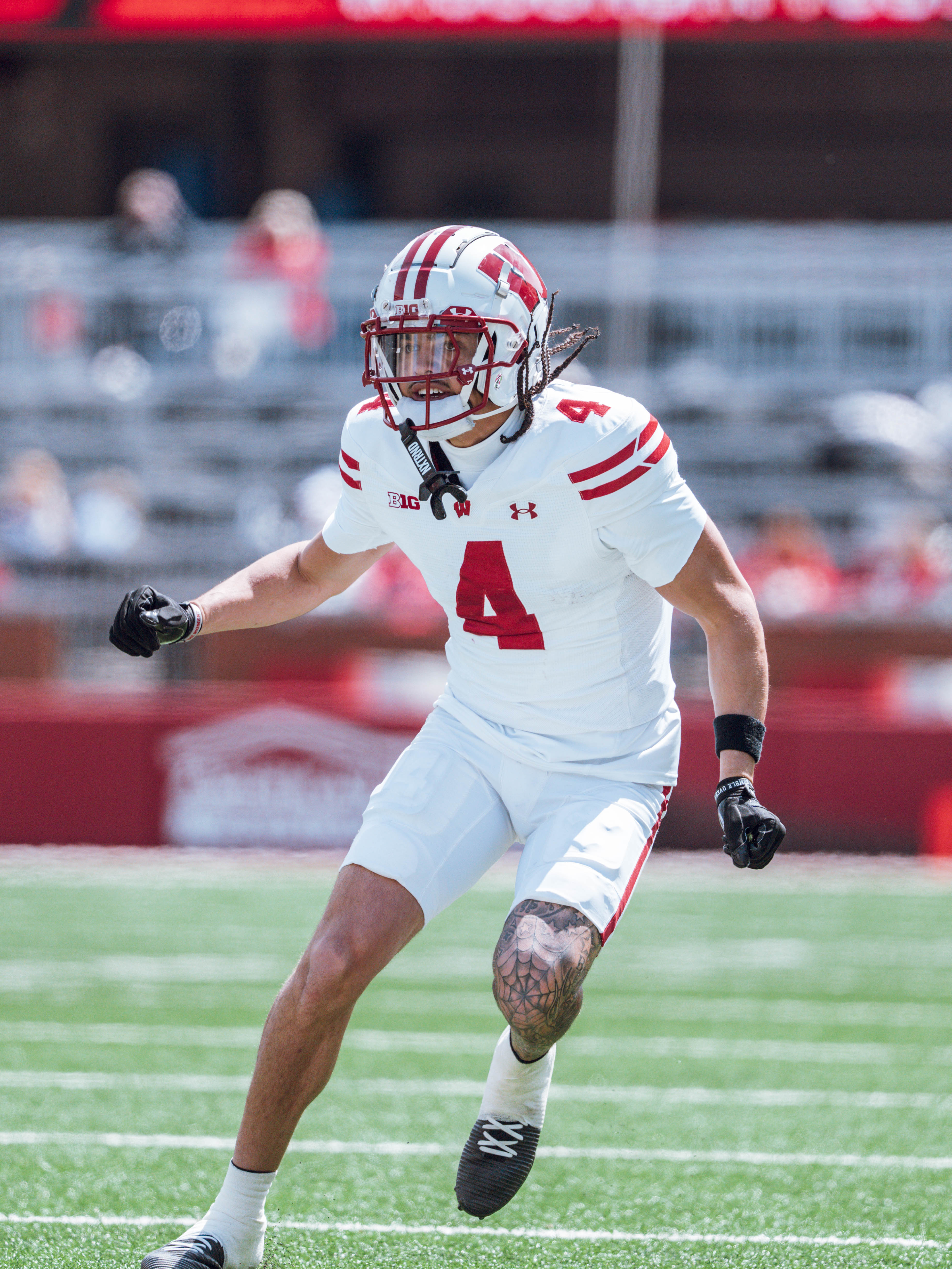 Wisconsin Badgers wide receiver Jayden Ballard #4 runs a route during the Wisconsin Football Spring Showcase at Camp Randall Stadium on April 19, 2025 in Madison, Wisconsin. Photography by Ross Harried for Second Crop Sports.