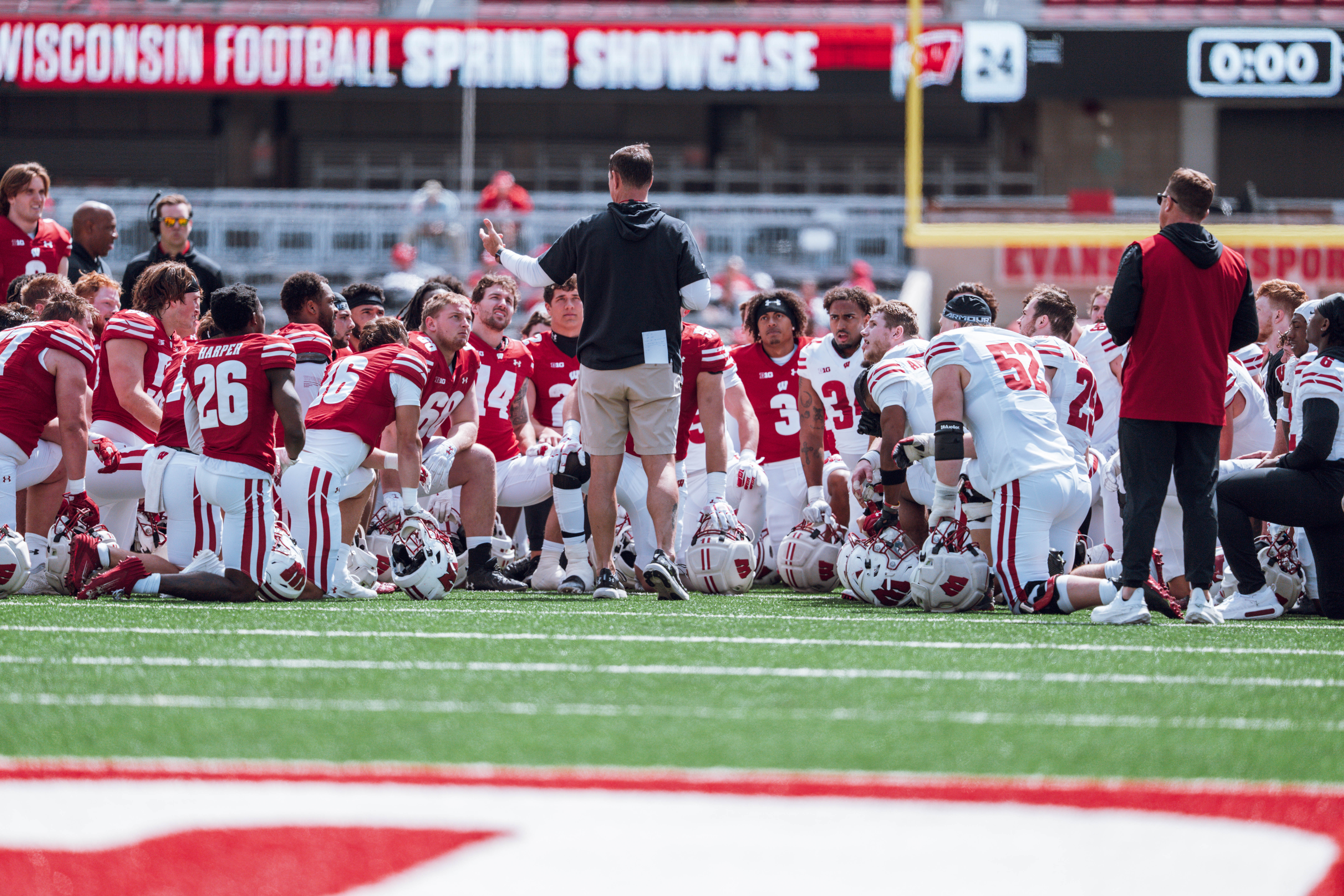Wisconsin Badgers head coach Luke Fickell talks to his team after the Wisconsin Football Spring Showcase at Camp Randall Stadium on April 19, 2025 in Madison, Wisconsin. Photography by Ross Harried for Second Crop Sports.