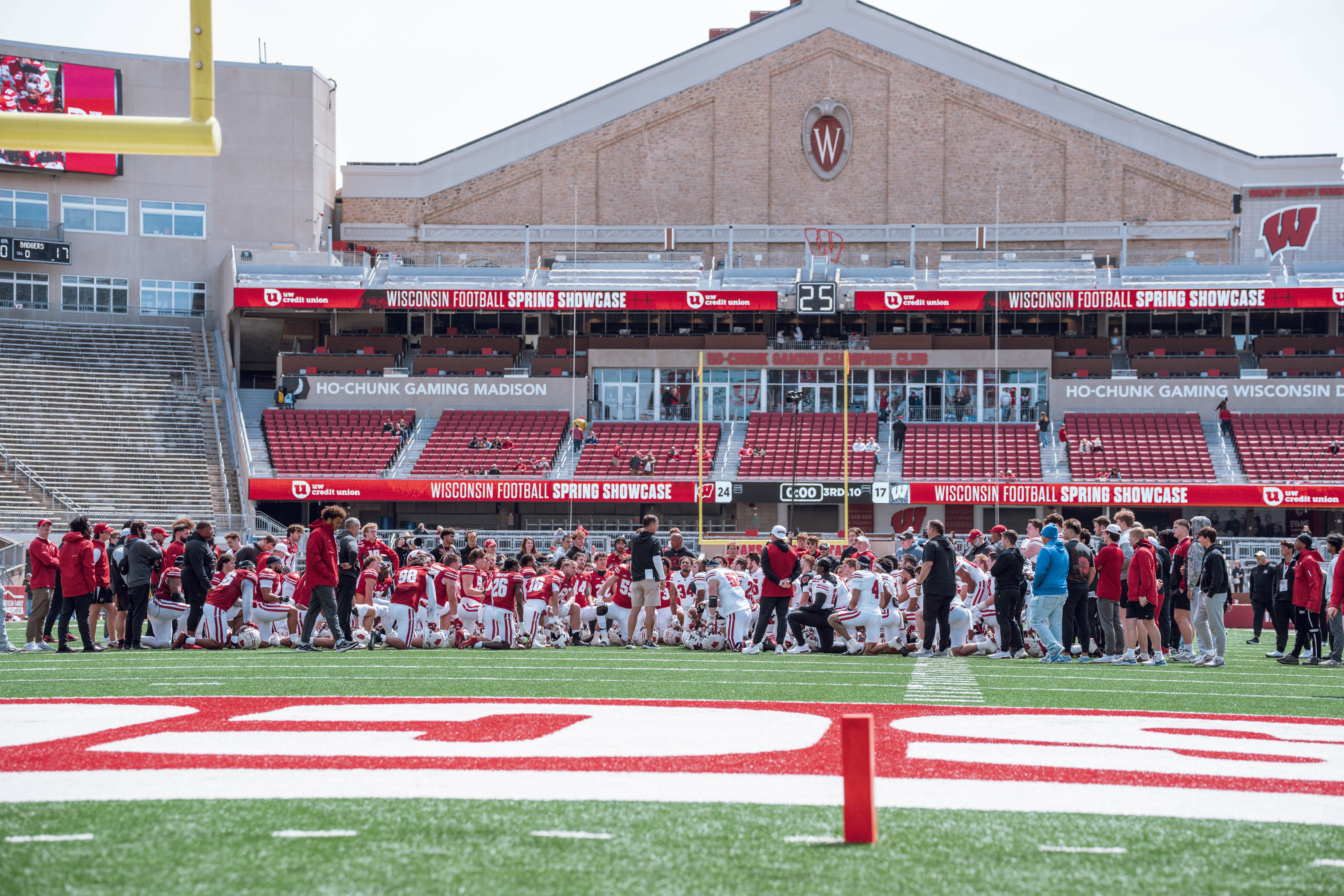 Wisconsin Badgers head coach Luke Fickell talks to his team after the Wisconsin Football Spring Showcase at Camp Randall Stadium on April 19, 2025 in Madison, Wisconsin. Photography by Ross Harried for Second Crop Sports.