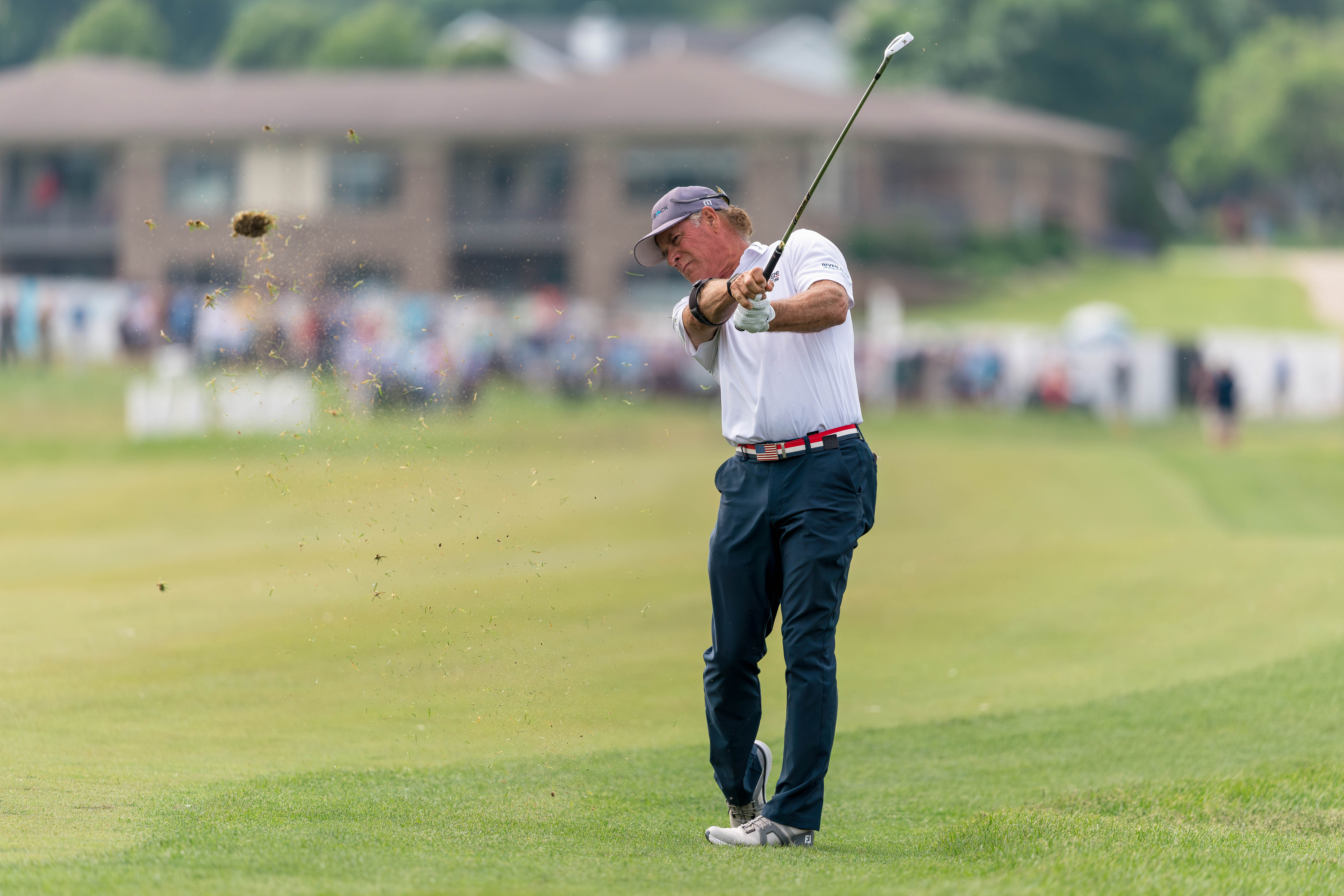 Scott McCarron hits a shot from the fairway on hole 1 during round 1 of The American Family Insurance Championship at TPC Wisconsin in Madison, Wisconsin on June 6th, 2025. Photography by Ross Harried for Second Crop Sports.
