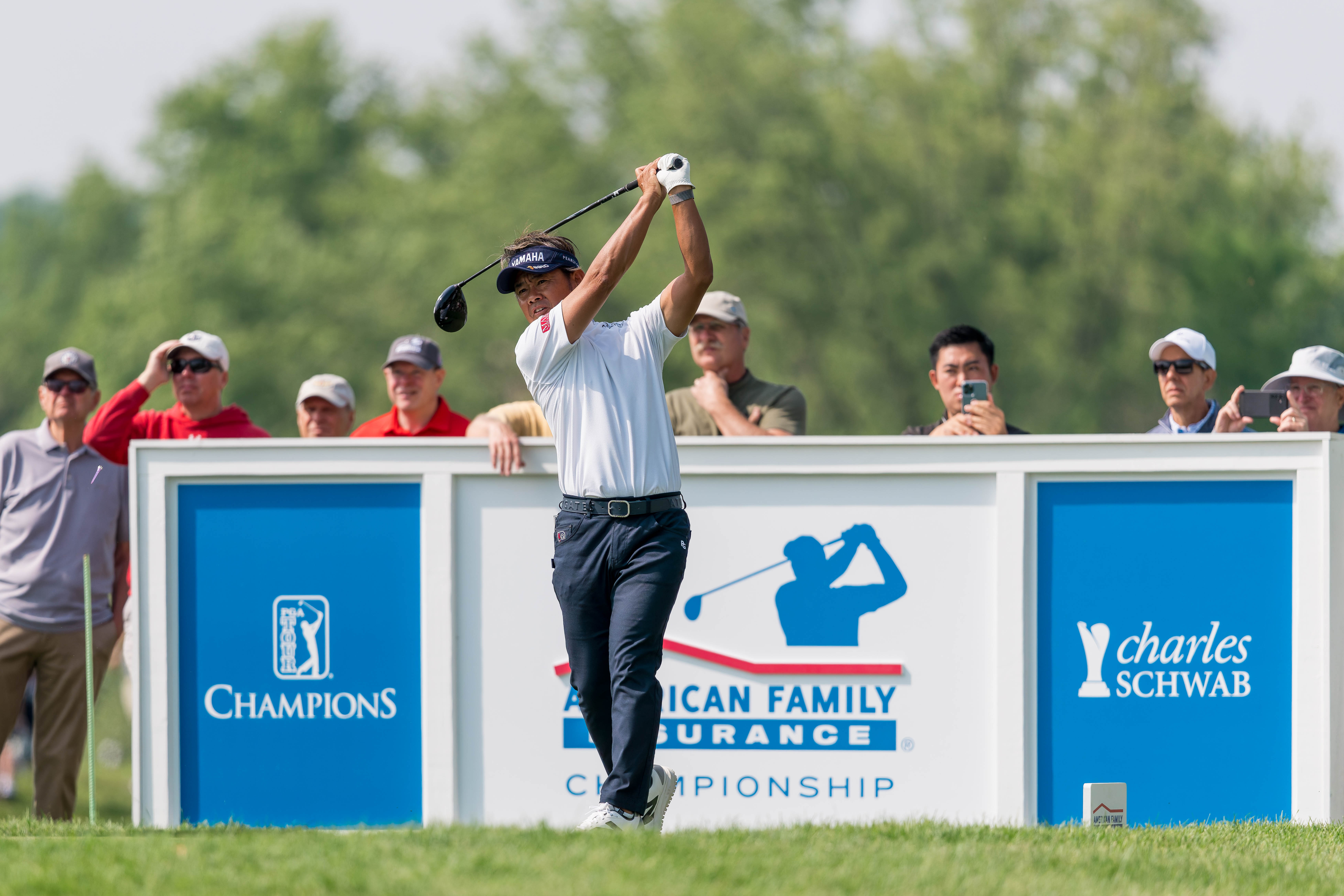 Hiroyuki Fujita hits a tee shot on the 2nd tee during round 1 of The American Family Insurance Championship at TPC Wisconsin in Madison, Wisconsin on June 6th, 2025. Photography by Ross Harried for Second Crop Sports.