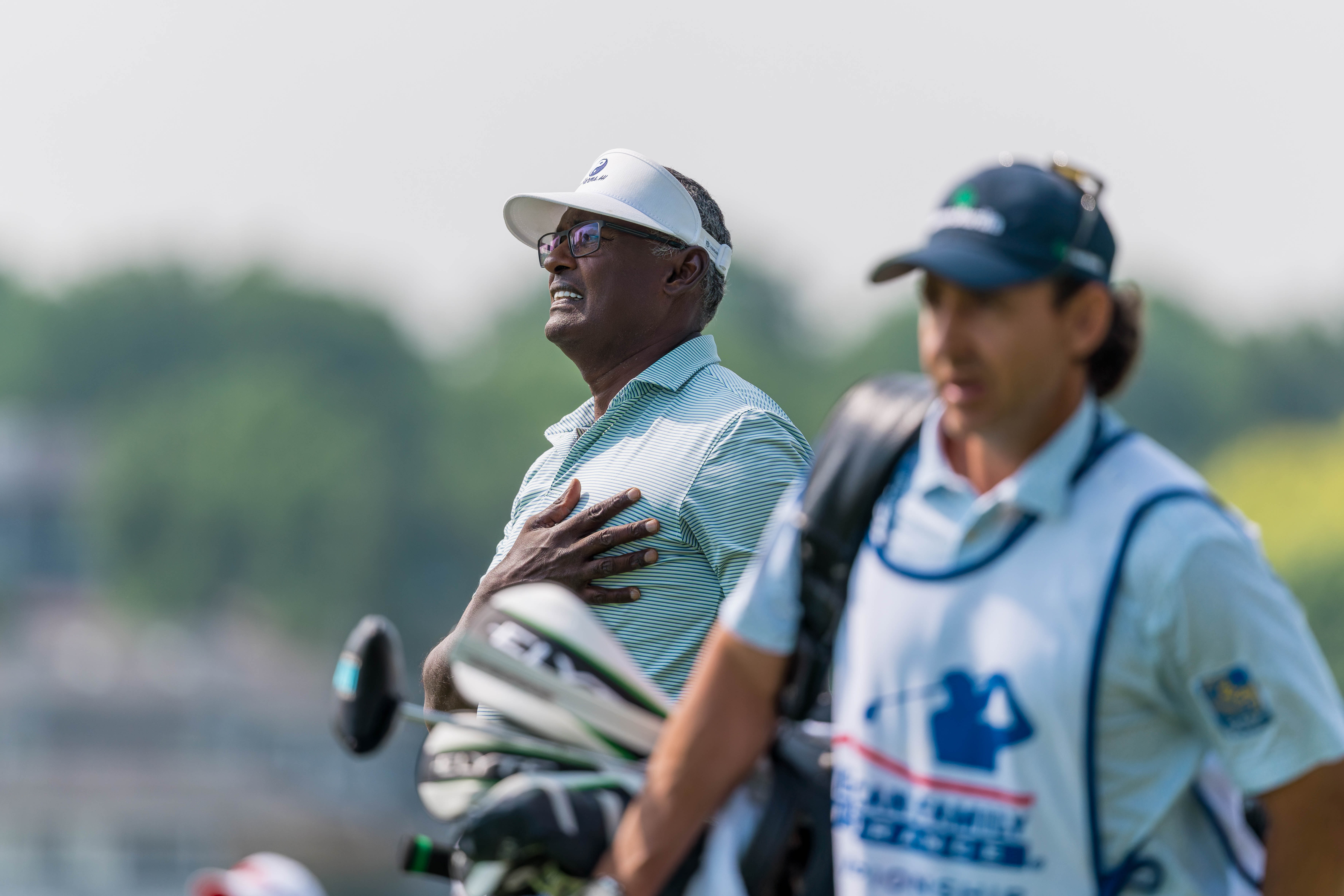Vijay Singh reacts after his tee shot from hole 2 during round 1 of The American Family Insurance Championship at TPC Wisconsin in Madison, Wisconsin on June 6th, 2025. Photography by Ross Harried for Second Crop Sports.