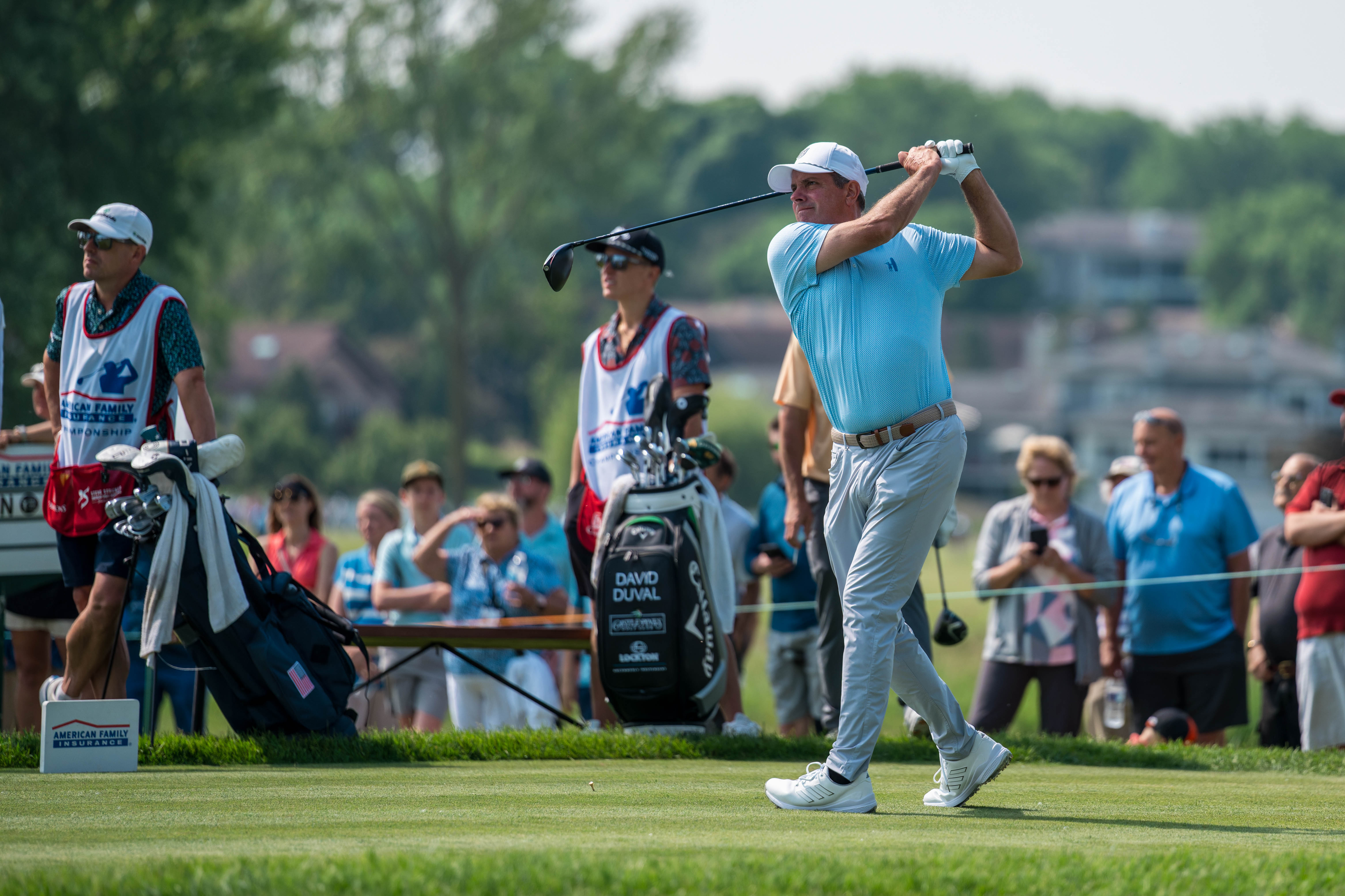 Matt Gogel hits a tee shot on the 2nd tee during round 1 of The American Family Insurance Championship at TPC Wisconsin in Madison, Wisconsin on June 6th, 2025. Photography by Ross Harried for Second Crop Sports.