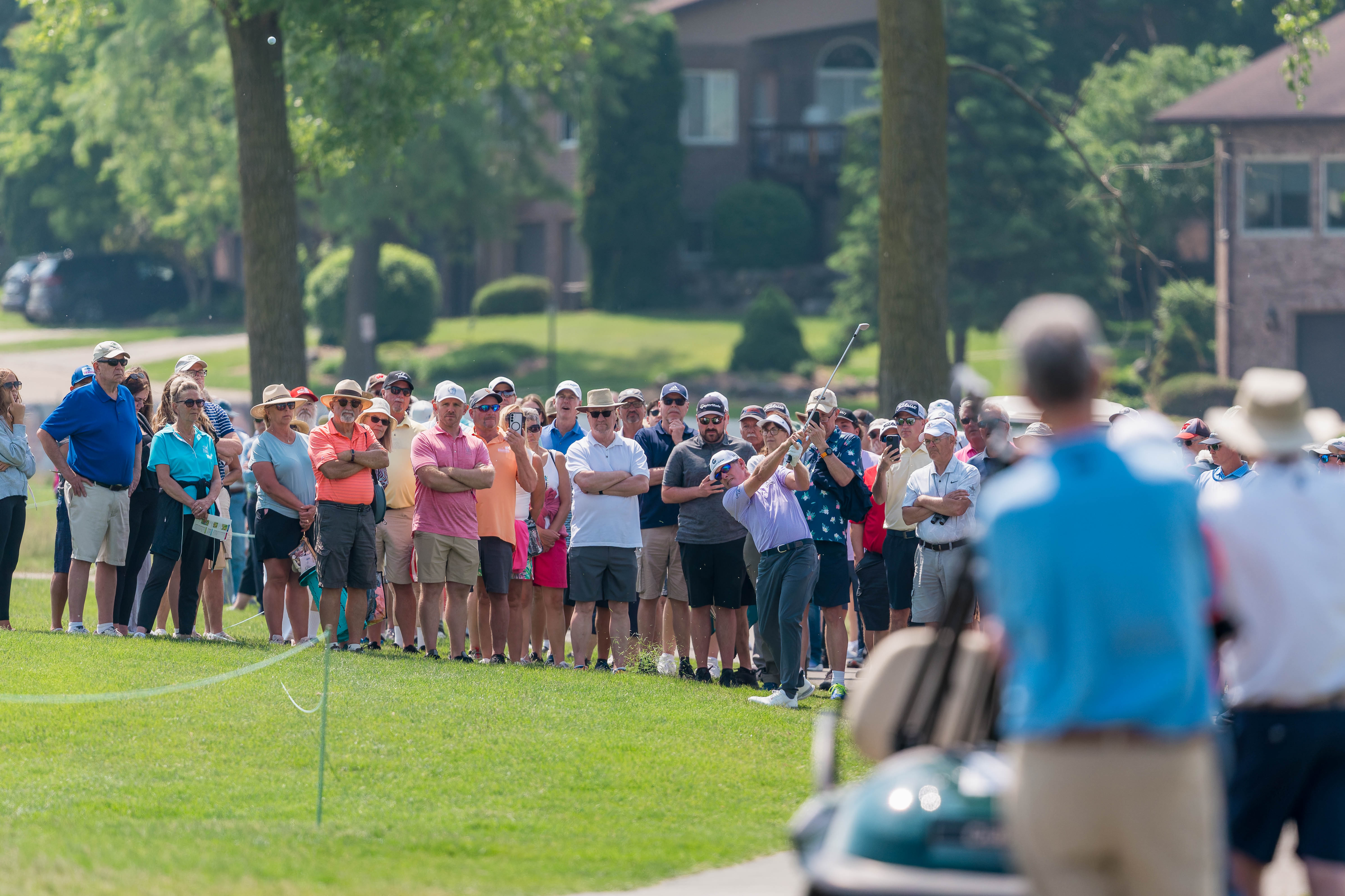Justin Leonard hits a shot fro the rough on hole 1 during round 1 of The American Family Insurance Championship at TPC Wisconsin in Madison, Wisconsin on June 6th, 2025. Photography by Ross Harried for Second Crop Sports.