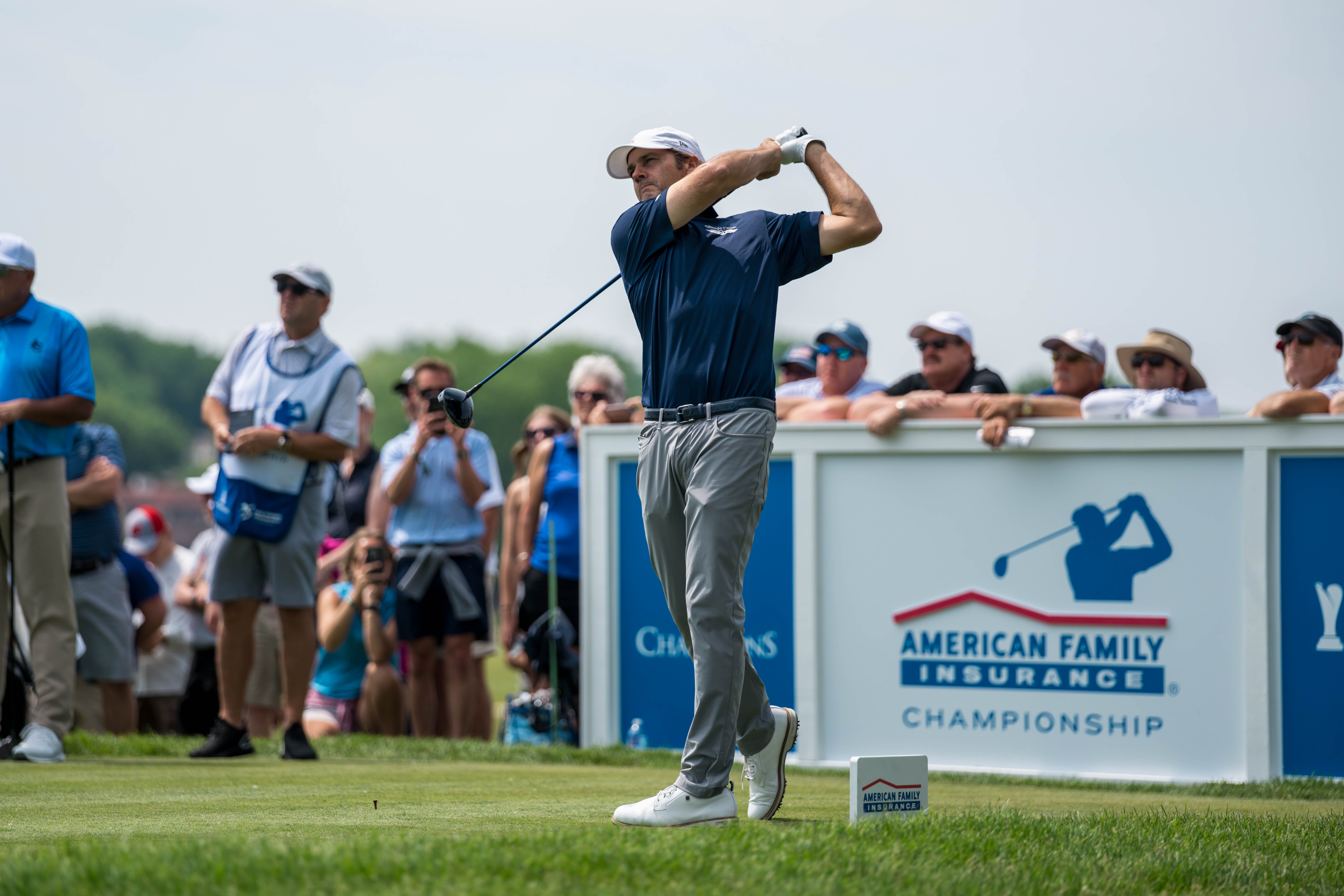 Mario Tiziani hits a tee shot on the 2nd tee during round 1 of The American Family Insurance Championship at TPC Wisconsin in Madison, Wisconsin on June 6th, 2025. Photography by Ross Harried for Second Crop Sports.