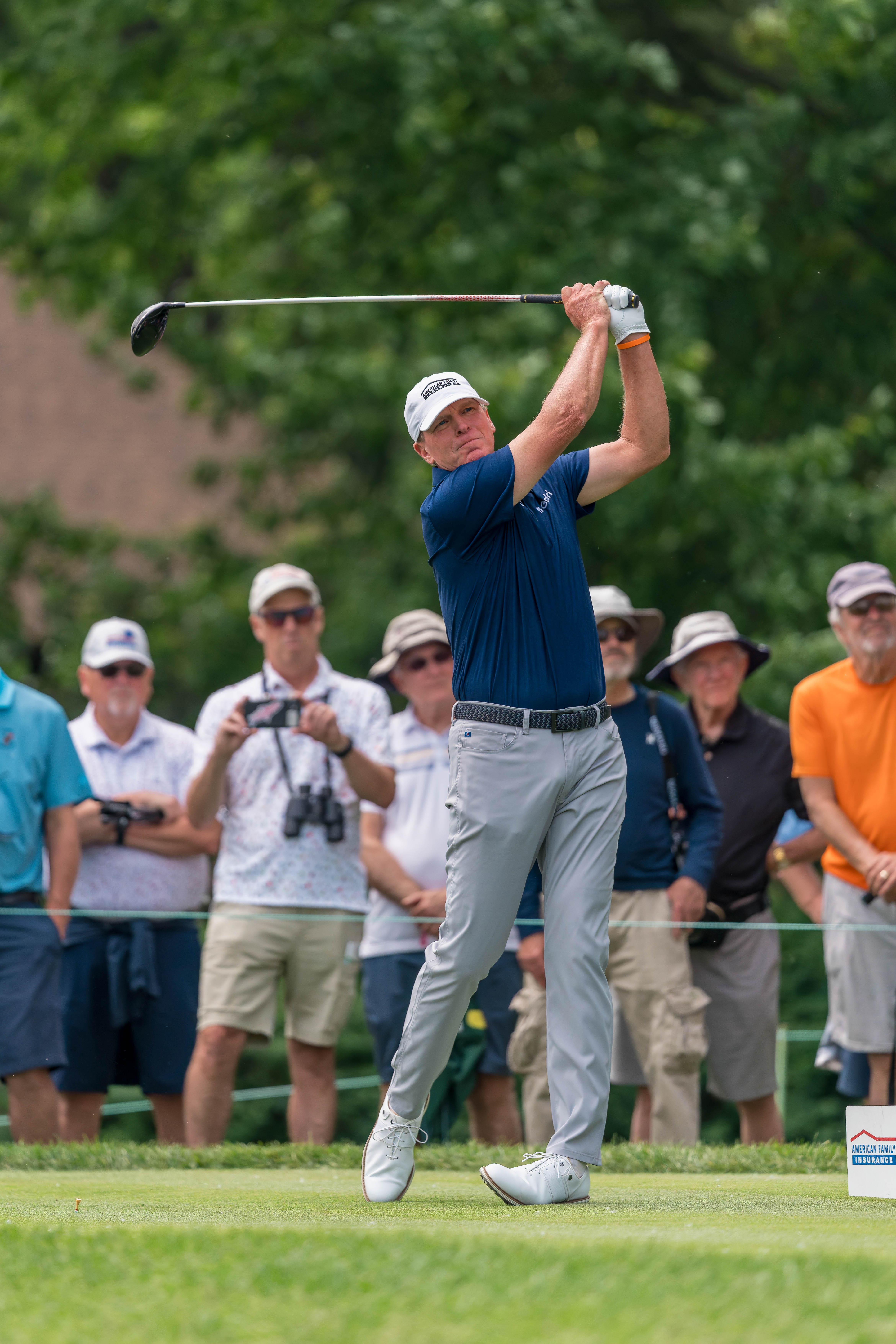 Steve Stricker hits a tee shot on the 4th teebduring round 1 of The American Family Insurance Championship at TPC Wisconsin in Madison, Wisconsin on June 6th, 2025. Photography by Ross Harried for Second Crop Sports.