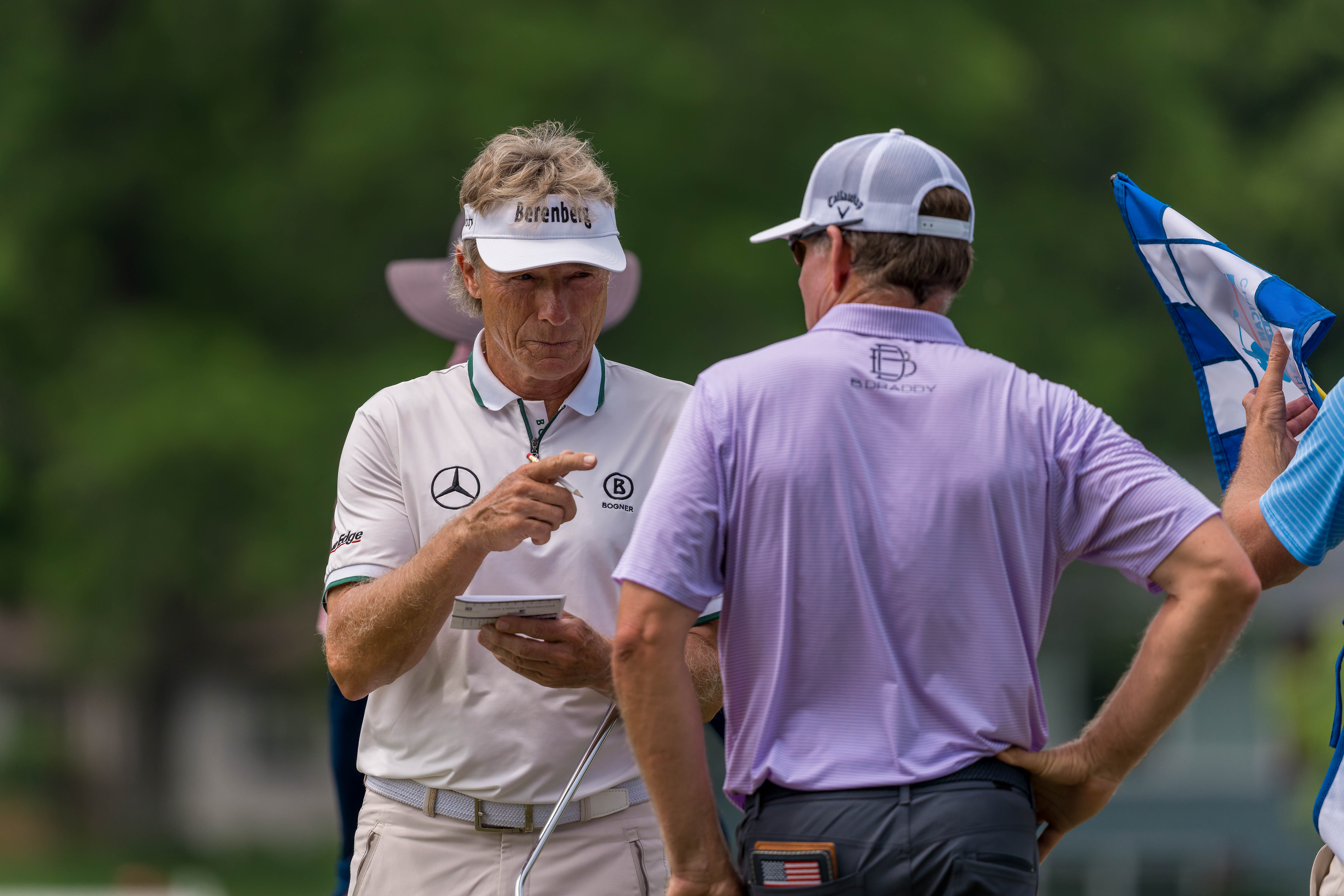 Bernhard Langer (left) points at Justin Leonard (right) during round 1 of The American Family Insurance Championship at TPC Wisconsin in Madison, Wisconsin on June 6th, 2025. Photography by Ross Harried for Second Crop Sports.