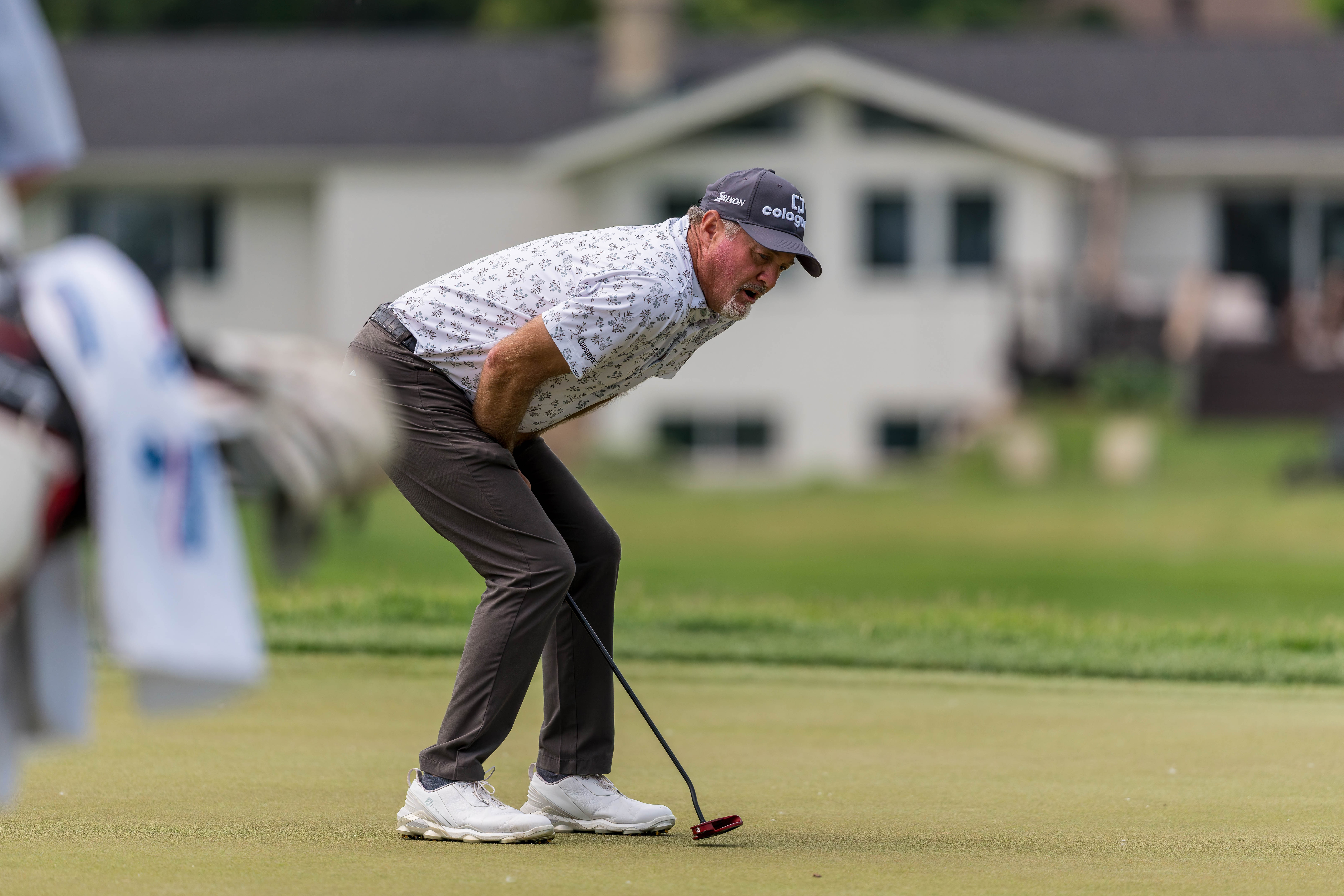 Jerry Kelly reacts after a missed putt on hole 4 during round 1 of The American Family Insurance Championship at TPC Wisconsin in Madison, Wisconsin on June 6th, 2025. Photography by Ross Harried for Second Crop Sports.