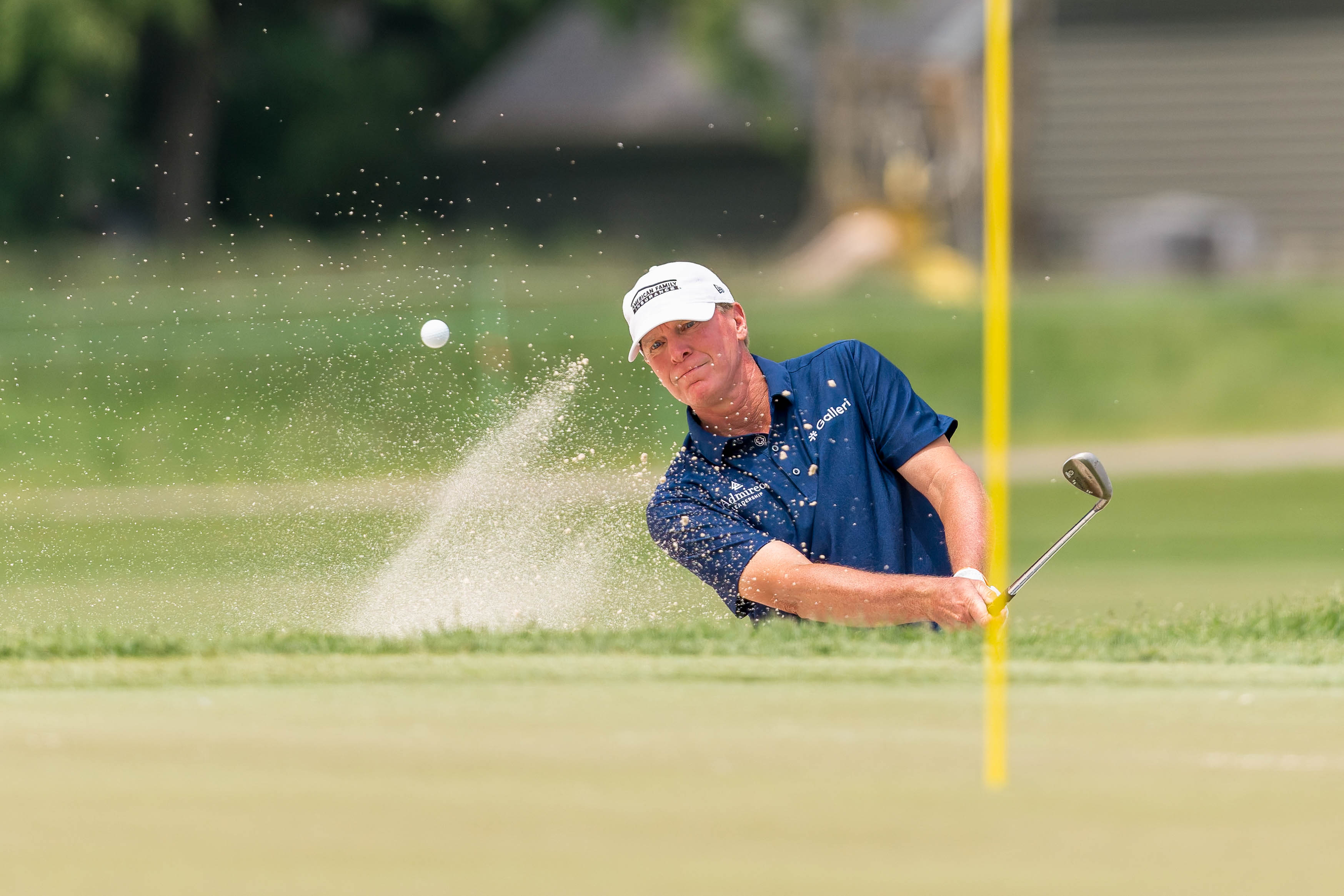 Steve Stricker hits a shot from the bunker on hole 5 during round 1 of The American Family Insurance Championship at TPC Wisconsin in Madison, Wisconsin on June 6th, 2025. Photography by Ross Harried for Second Crop Sports.