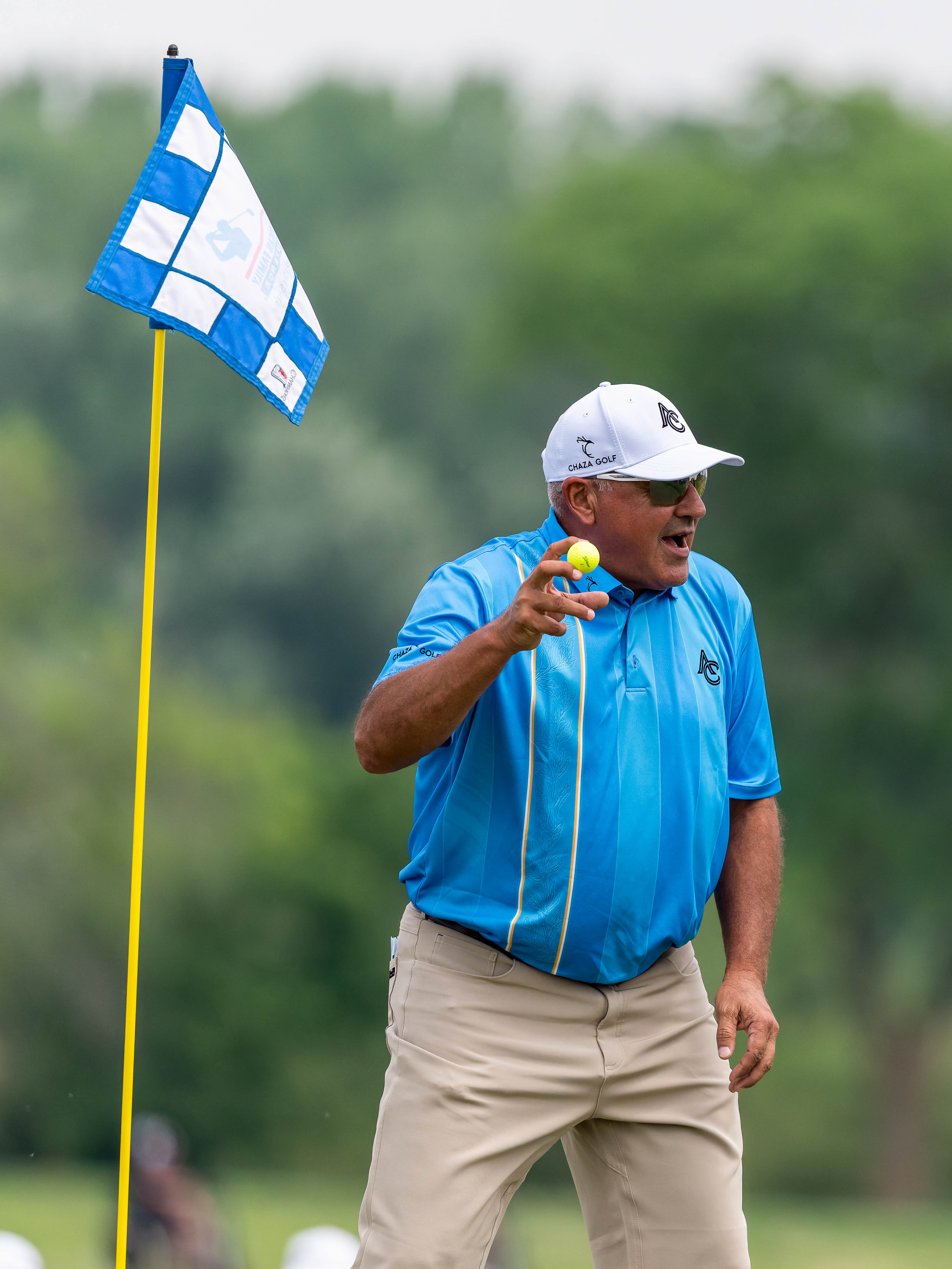Ángel Cabrera pulls his double eagle ball out of the cup on hole 7 during round 1 of The American Family Insurance Championship at TPC Wisconsin in Madison, Wisconsin on June 6th, 2025. Photography by Ross Harried for Second Crop Sports.