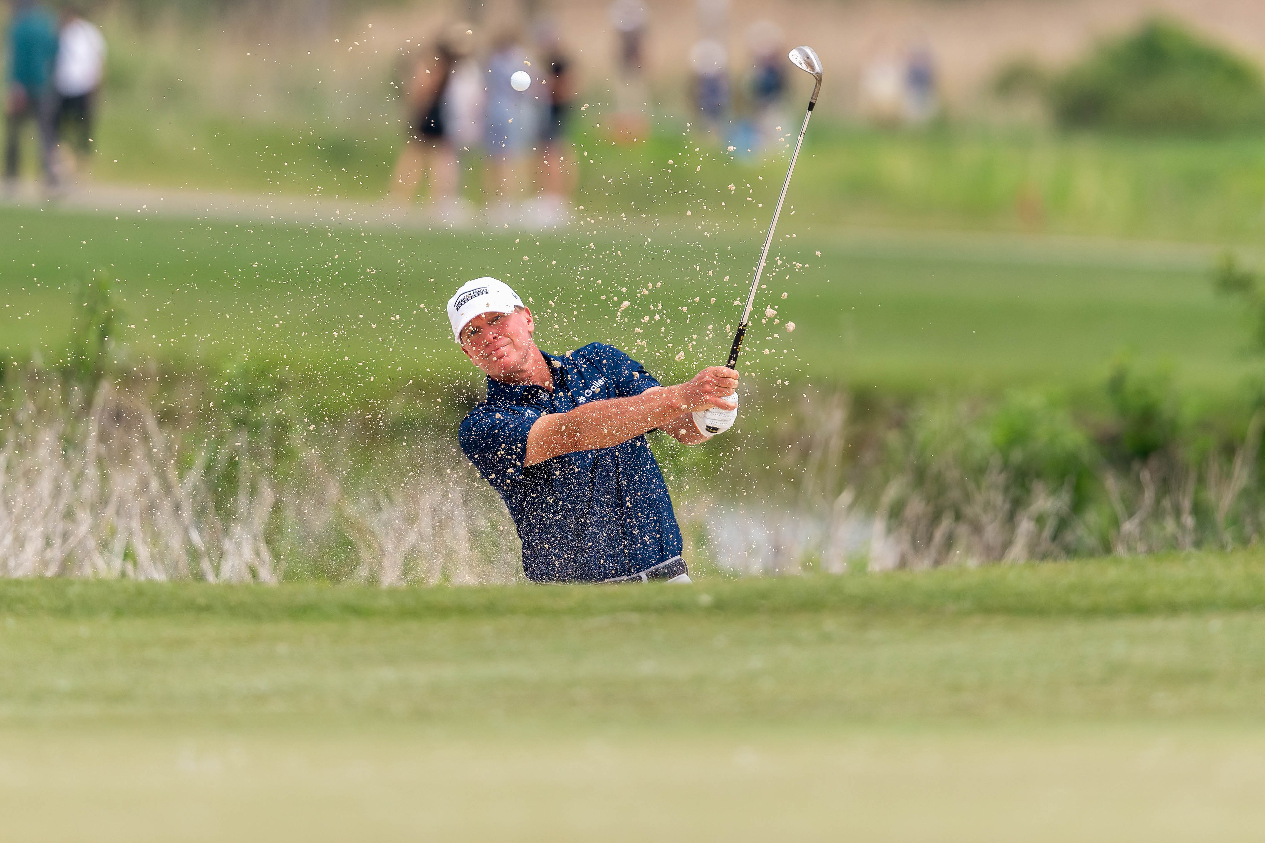 Steve Stricker hits a shot fro the bunker on hole 7 during round 1 of The American Family Insurance Championship at TPC Wisconsin in Madison, Wisconsin on June 6th, 2025. Photography by Ross Harried for Second Crop Sports.