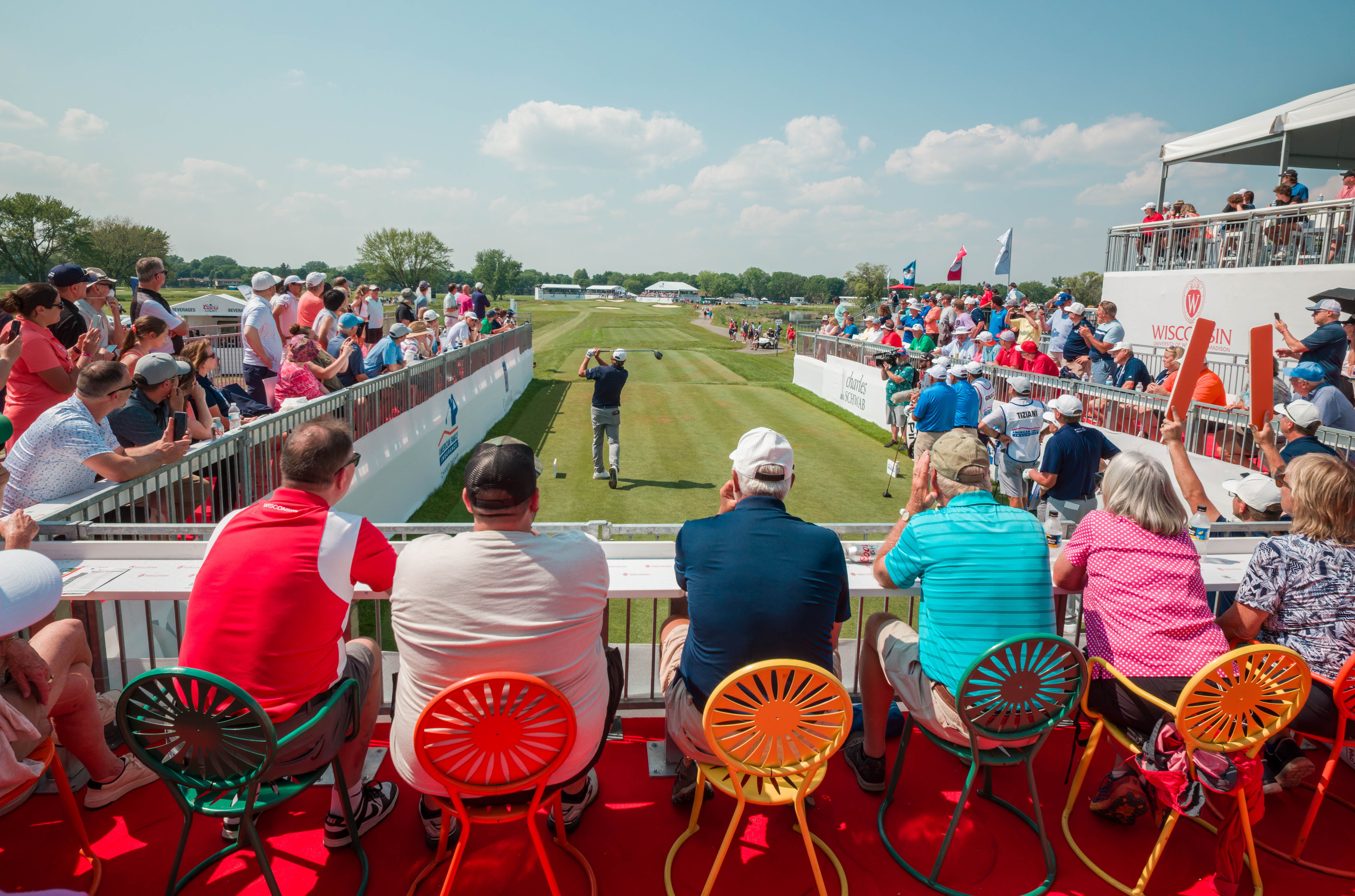Mario Tiziani hits a tee shot on the 16th tee during round 1 of The American Family Insurance Championship at TPC Wisconsin in Madison, Wisconsin on June 6th, 2025. Photography by Ross Harried for Second Crop Sports.