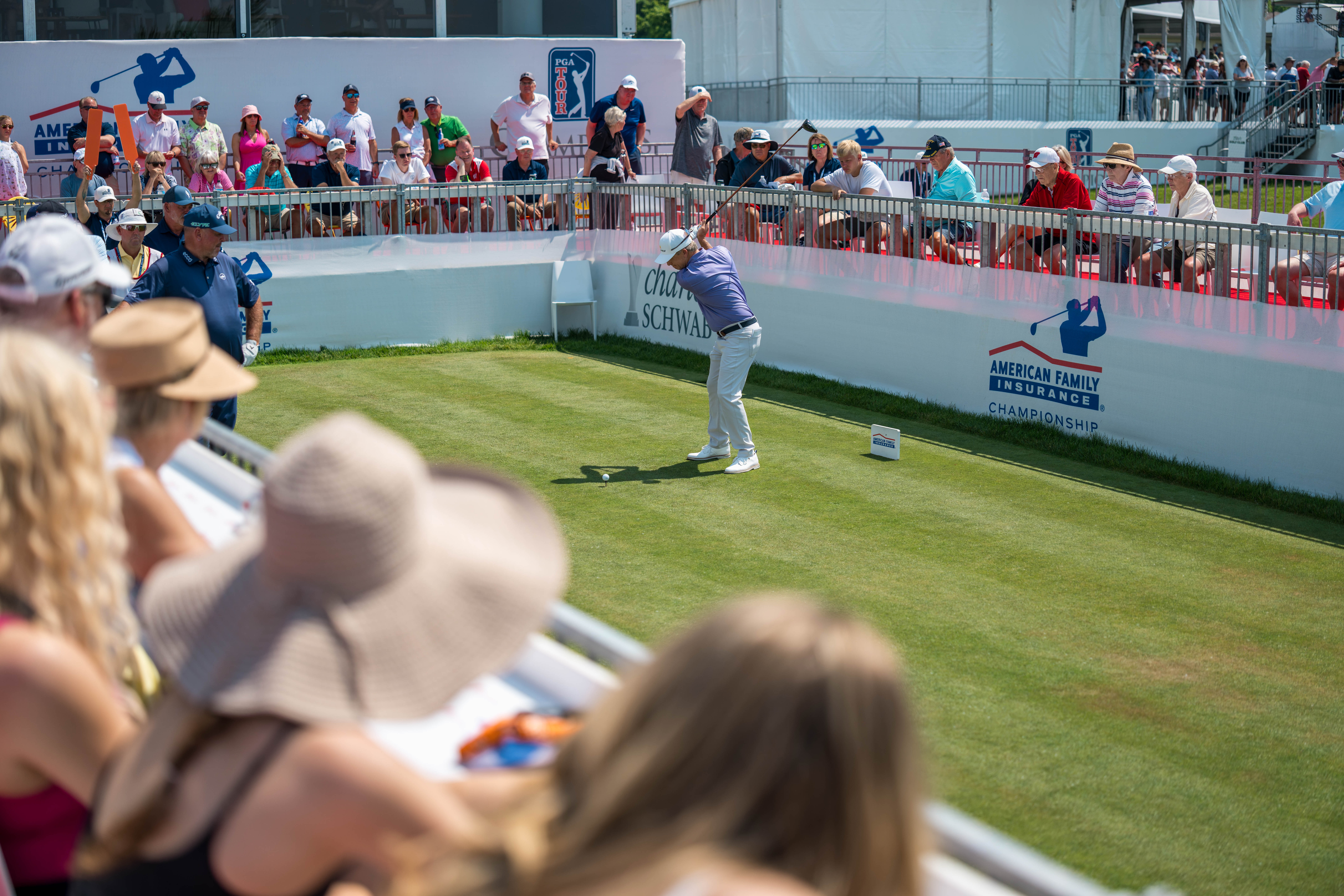 David Toms hits a tee shot on the 16th tee during round 1 of The American Family Insurance Championship at TPC Wisconsin in Madison, Wisconsin on June 6th, 2025. Photography by Ross Harried for Second Crop Sports.