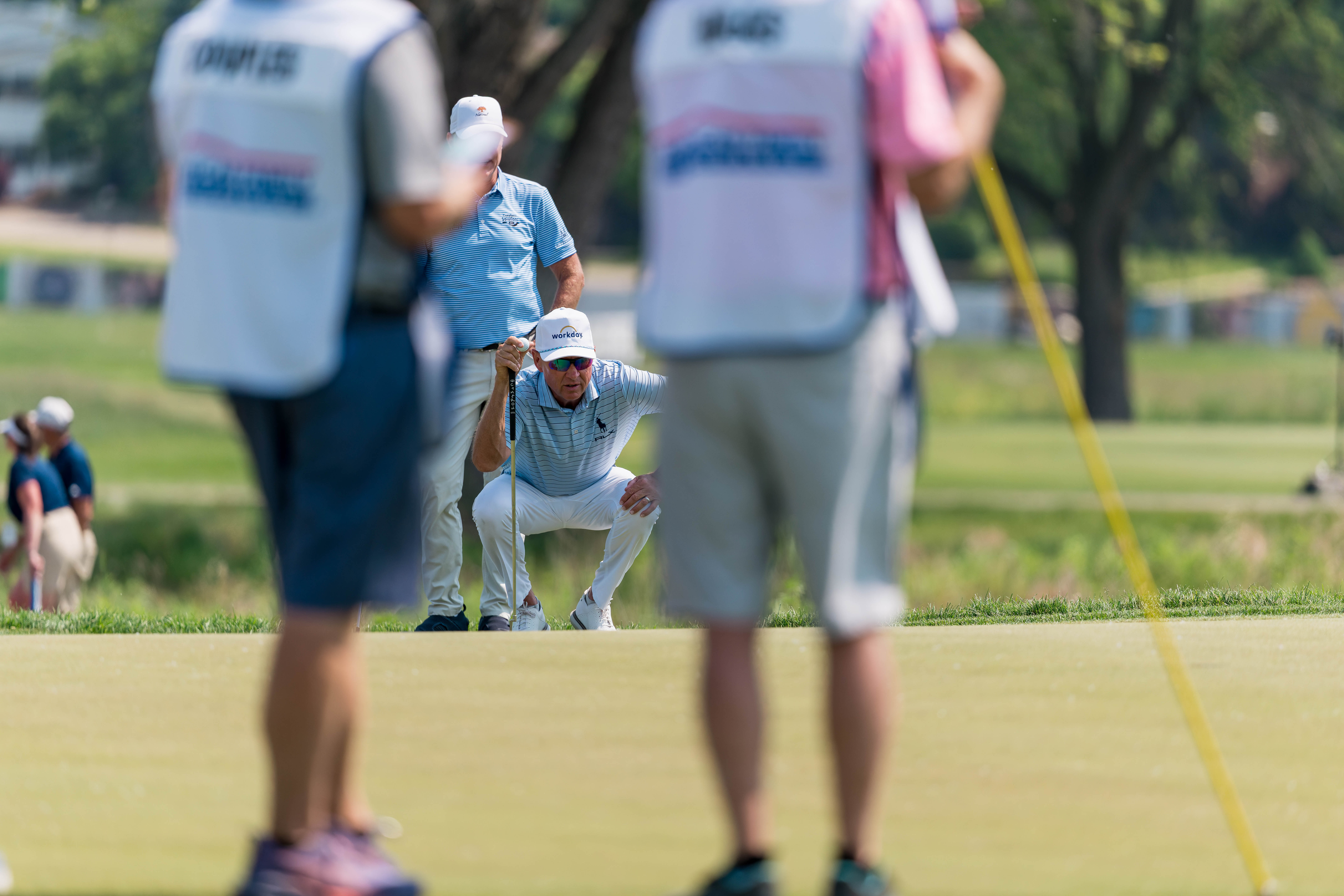 Davis Love III surveys the green on hole 16 during round 1 of The American Family Insurance Championship at TPC Wisconsin in Madison, Wisconsin on June 6th, 2025. Photography by Ross Harried for Second Crop Sports.