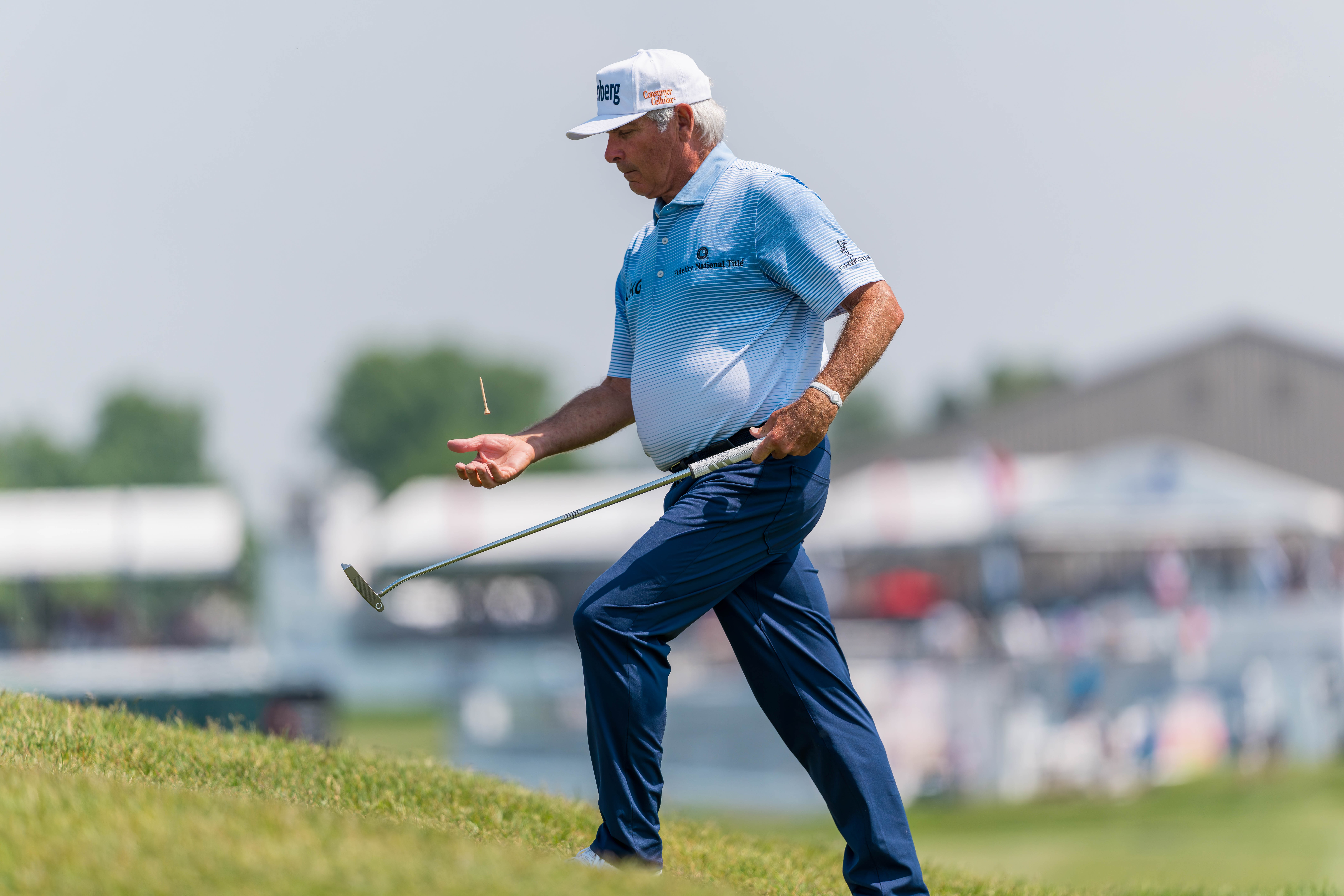Fred Couples flips a tee off the ground into his hand on after finishing hole 16 during round 1 of The American Family Insurance Championship at TPC Wisconsin in Madison, Wisconsin on June 6th, 2025. Photography by Ross Harried for Second Crop Sports.