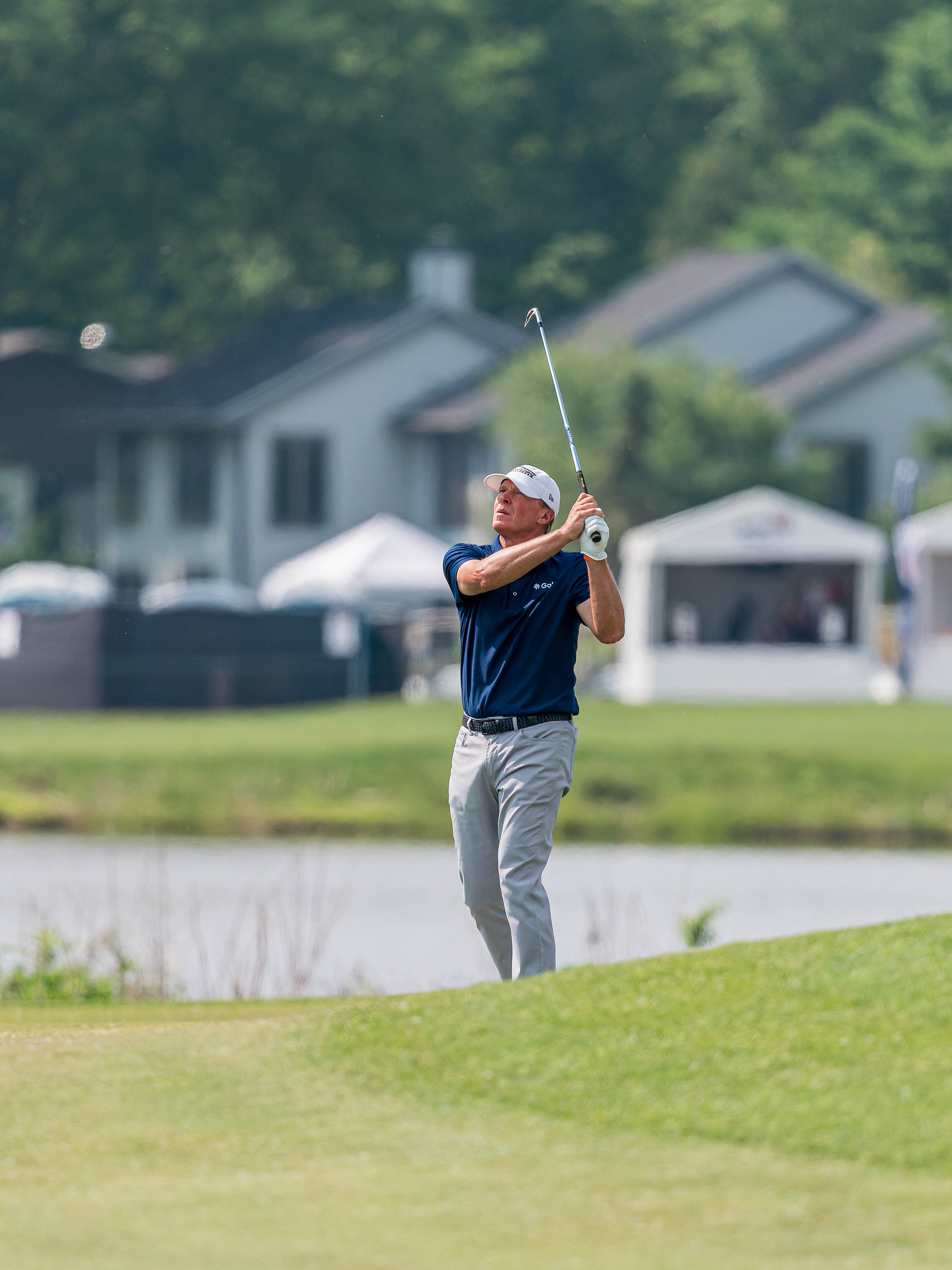 Steve Stricker watches his second shot on hole 18 during round 1 of The American Family Insurance Championship at TPC Wisconsin in Madison, Wisconsin on June 6th, 2025. Photography by Ross Harried for Second Crop Sports.