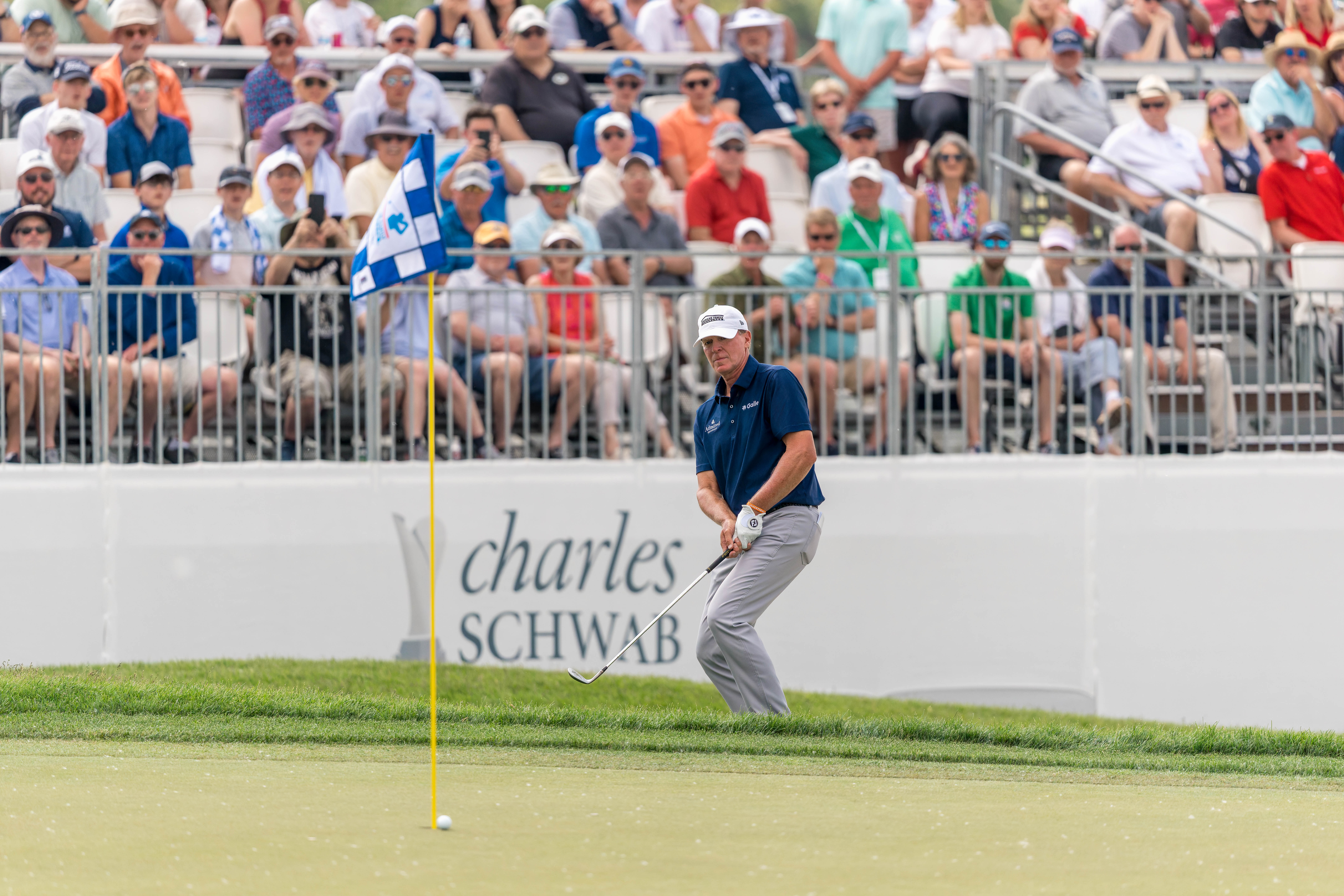 Steve Stricker nearly misses a chip shot on hole 18 during round 1 of The American Family Insurance Championship at TPC Wisconsin in Madison, Wisconsin on June 6th, 2025. Photography by Ross Harried for Second Crop Sports.