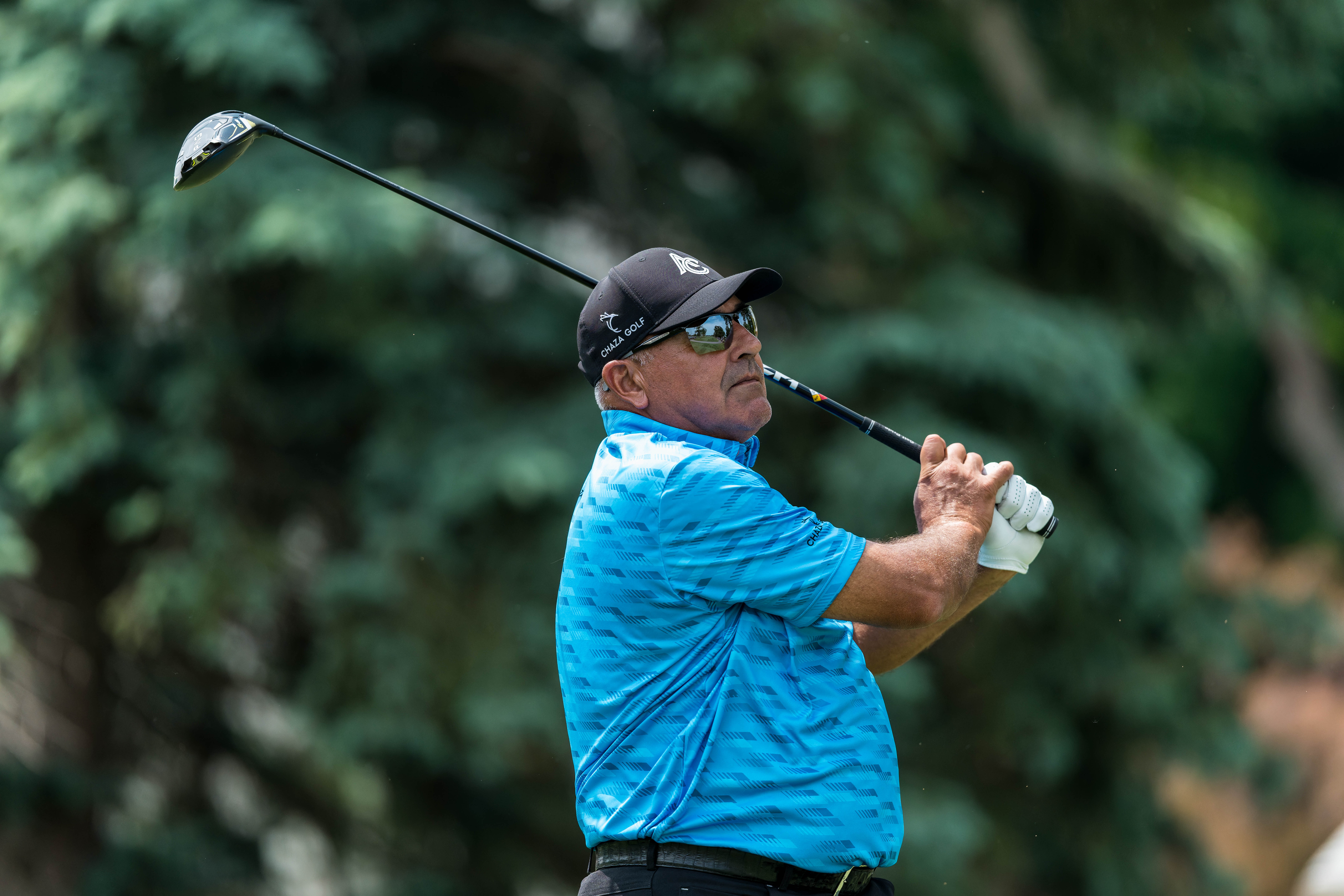 Ángel Cabrera hits a tee shot on the 12th tee during round 2 of The American Family Insurance Championship at TPC Wisconsin in Madison, Wisconsin on June 7th, 2025. Photography by Ross Harried for Second Crop Sports.