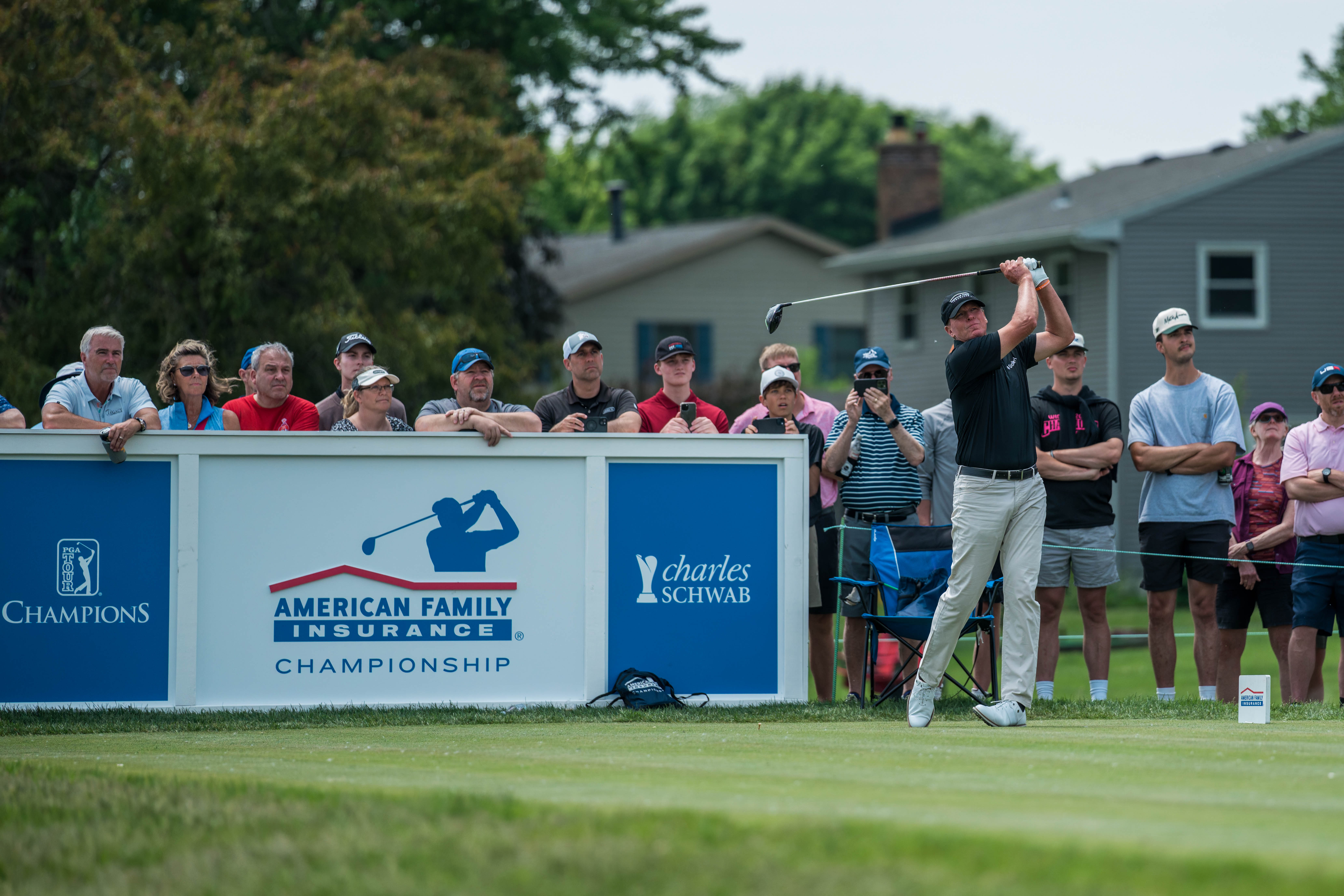 Steve Stricker hits a tee shot on the 13th tee during round 2 of The American Family Insurance Championship at TPC Wisconsin in Madison, Wisconsin on June 7th, 2025. Photography by Ross Harried for Second Crop Sports.