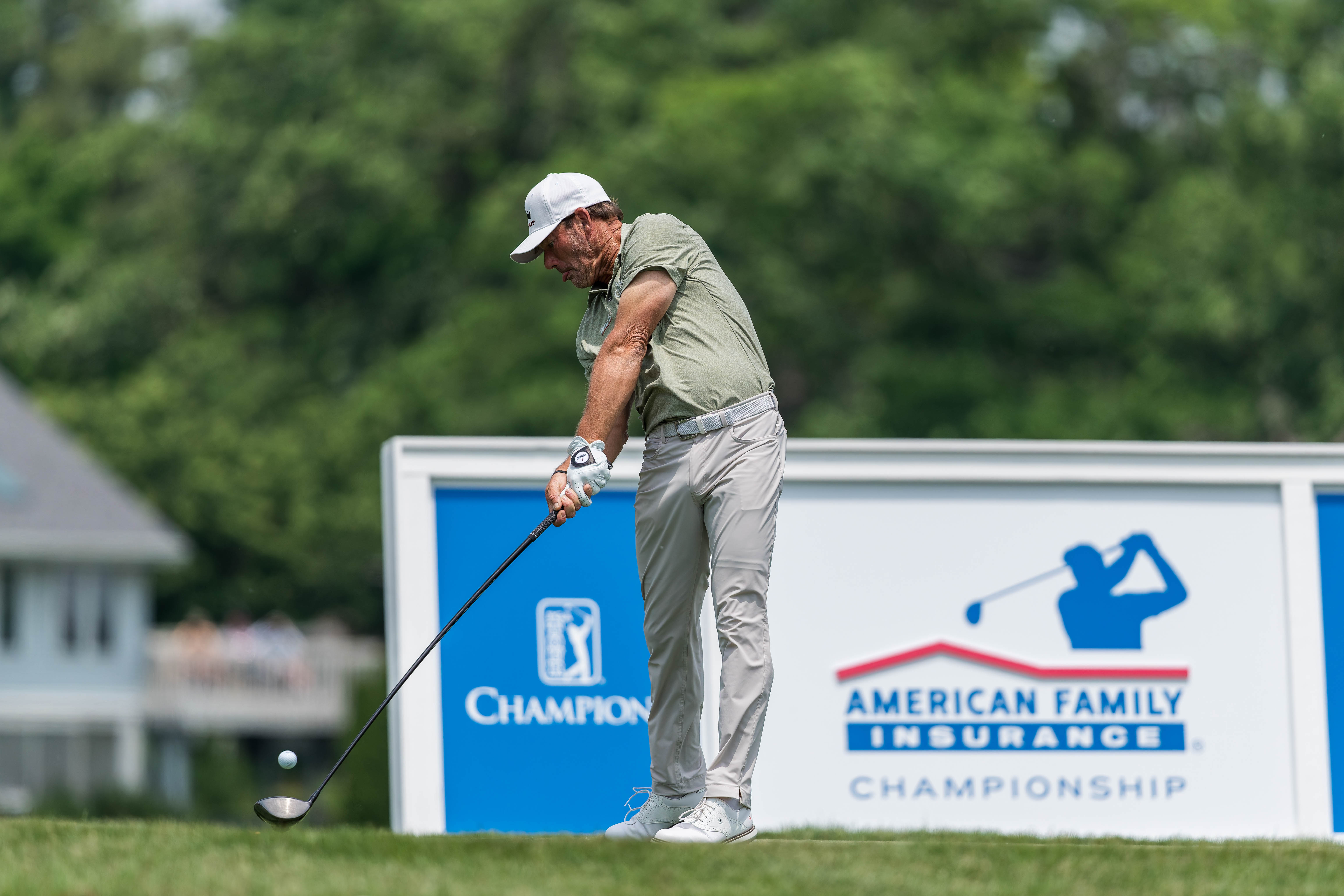 Alex Cejka hits a tee shot on the 11th teeduring round 2 of The American Family Insurance Championship at TPC Wisconsin in Madison, Wisconsin on June 7th, 2025. Photography by Ross Harried for Second Crop Sports.