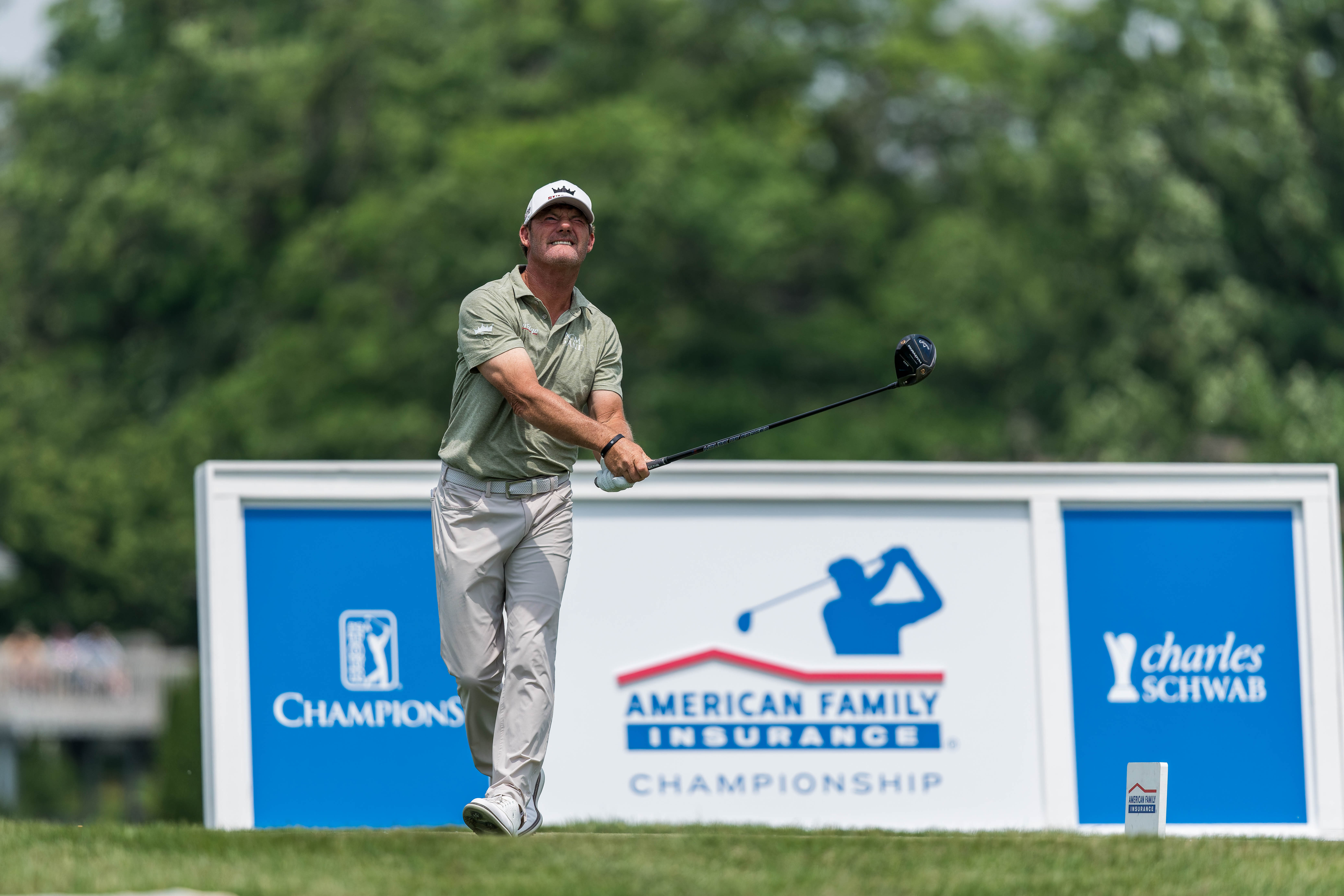 Alex Cejka hits a tee shot on the 11th teeduring round 2 of The American Family Insurance Championship at TPC Wisconsin in Madison, Wisconsin on June 7th, 2025. Photography by Ross Harried for Second Crop Sports.