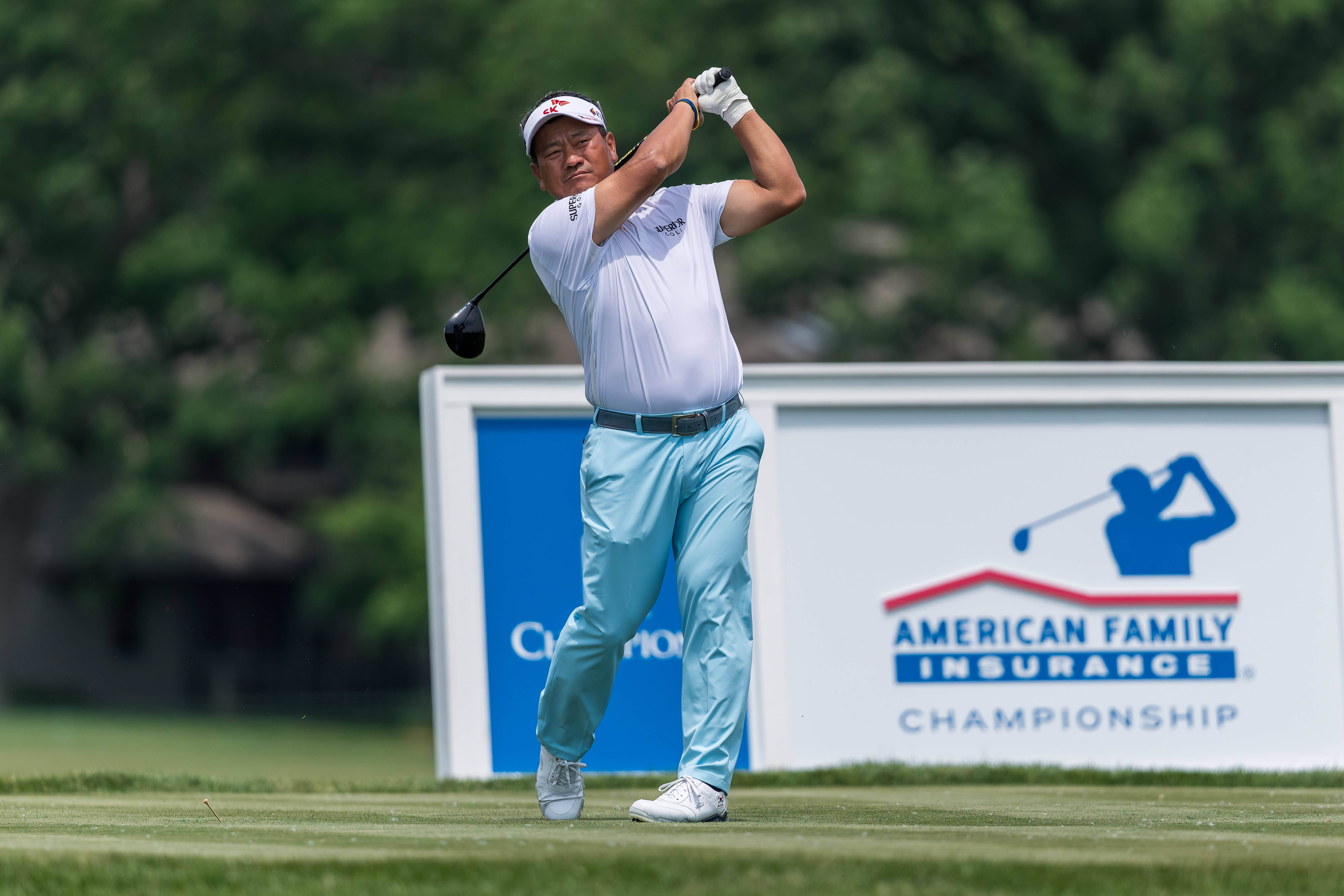 K.J. Choi hits a tee shot on the 11th tee during round 2 of The American Family Insurance Championship at TPC Wisconsin in Madison, Wisconsin on June 7th, 2025. Photography by Ross Harried for Second Crop Sports.