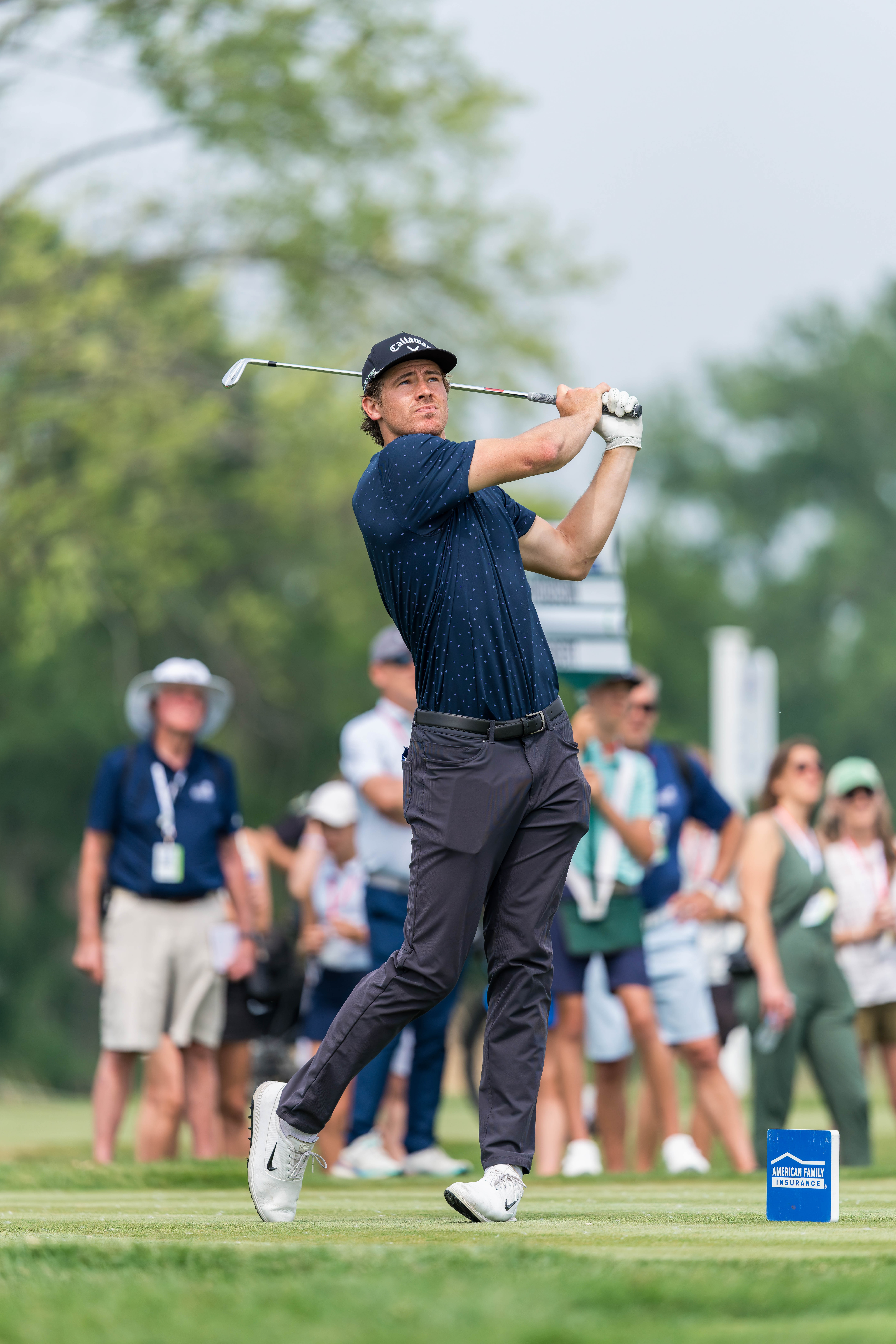 Justin Herbert hits a tee shot on the 14th tee during round 2 of The American Family Insurance Championship at TPC Wisconsin in Madison, Wisconsin on June 7th, 2025. Photography by Ross Harried for Second Crop Sports.
