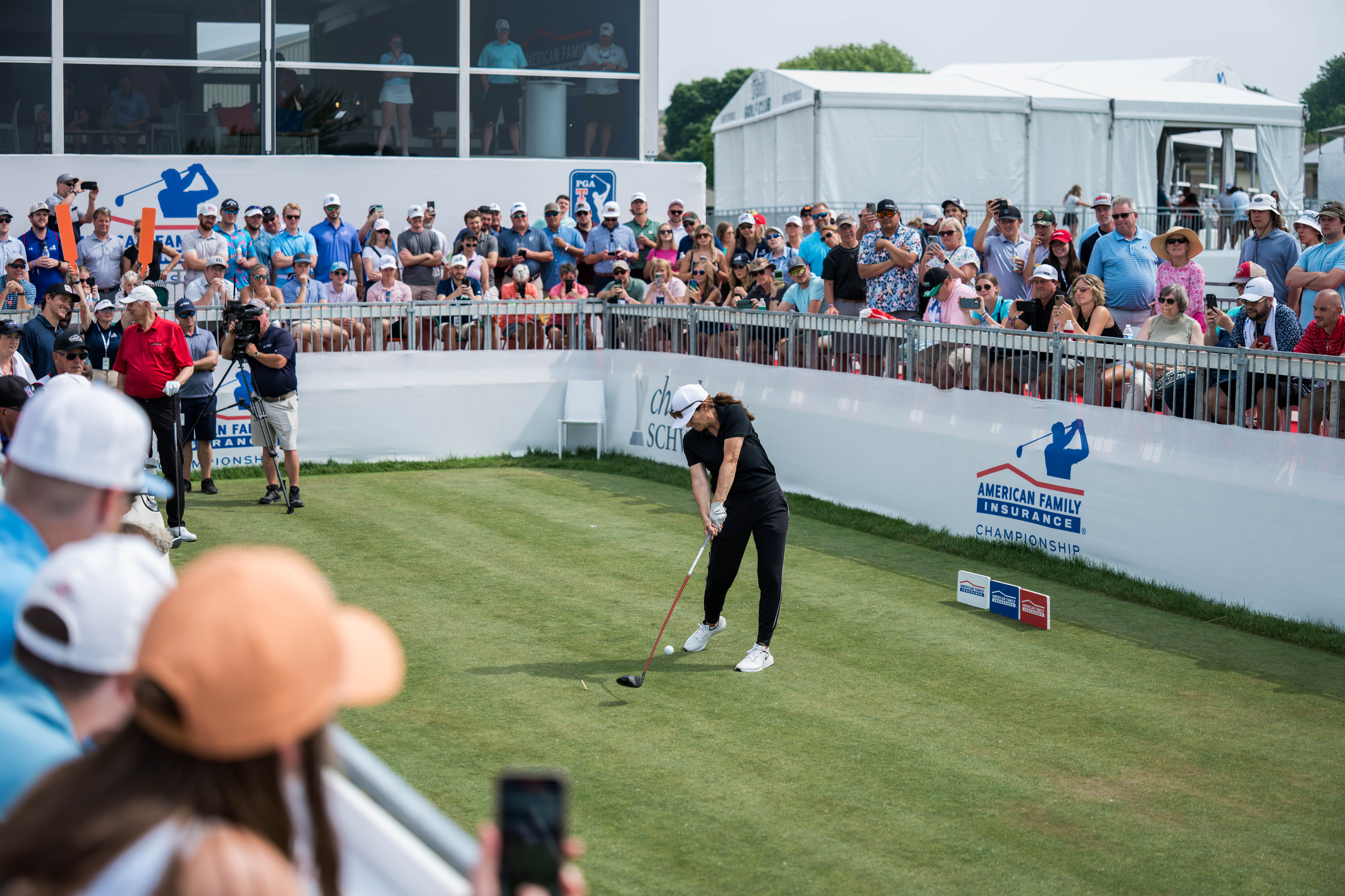 Mia Hamm hits a tee shot on the 15th tee during round 2 of The American Family Insurance Championship at TPC Wisconsin in Madison, Wisconsin on June 7th, 2025. Photography by Ross Harried for Second Crop Sports.