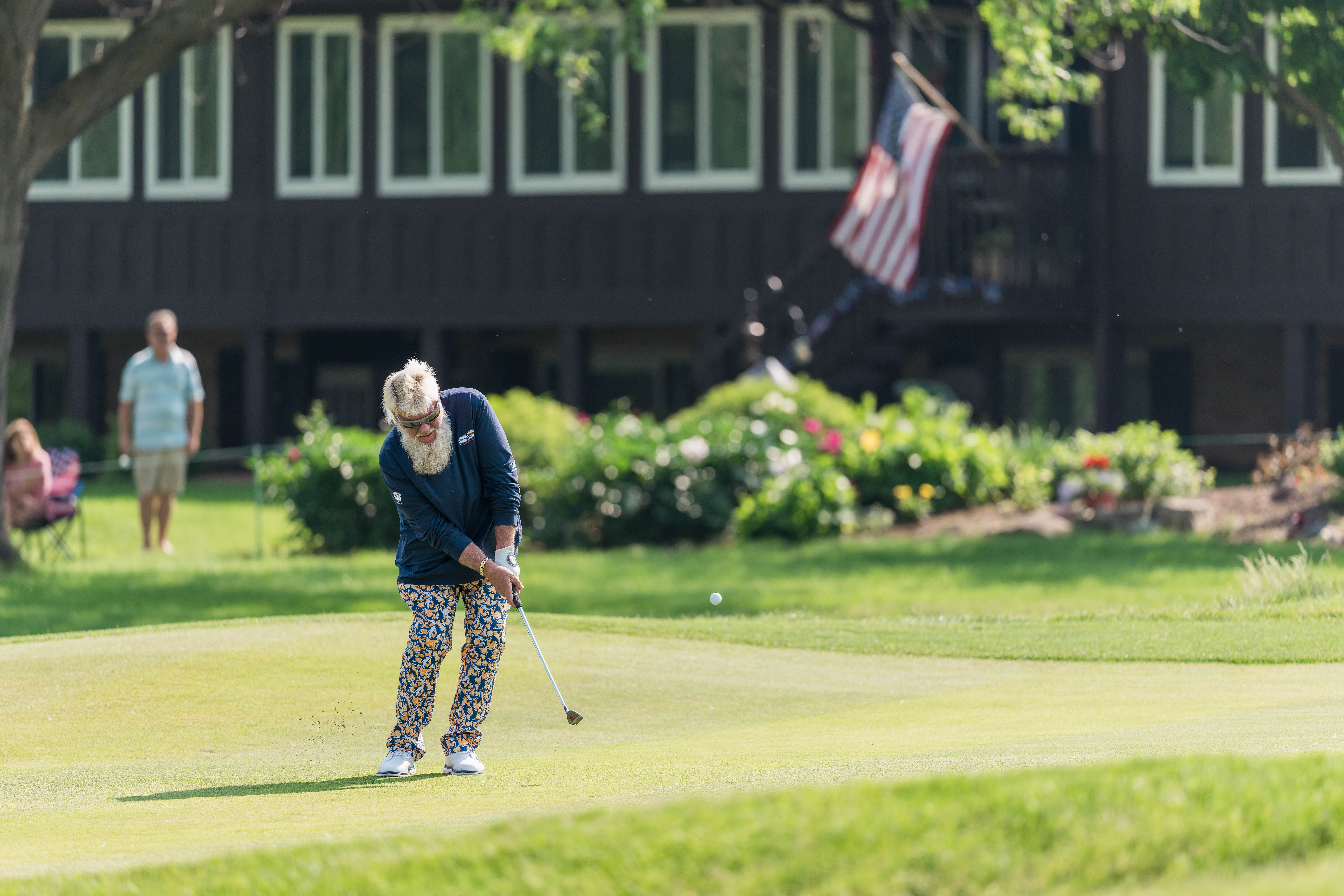 John Daly hits a chip shot on hole 11 during round 3 of The American Family Insurance Championship at TPC Wisconsin in Madison, Wisconsin on June 8th, 2025. Photography by Ross Harried for Second Crop Sports.