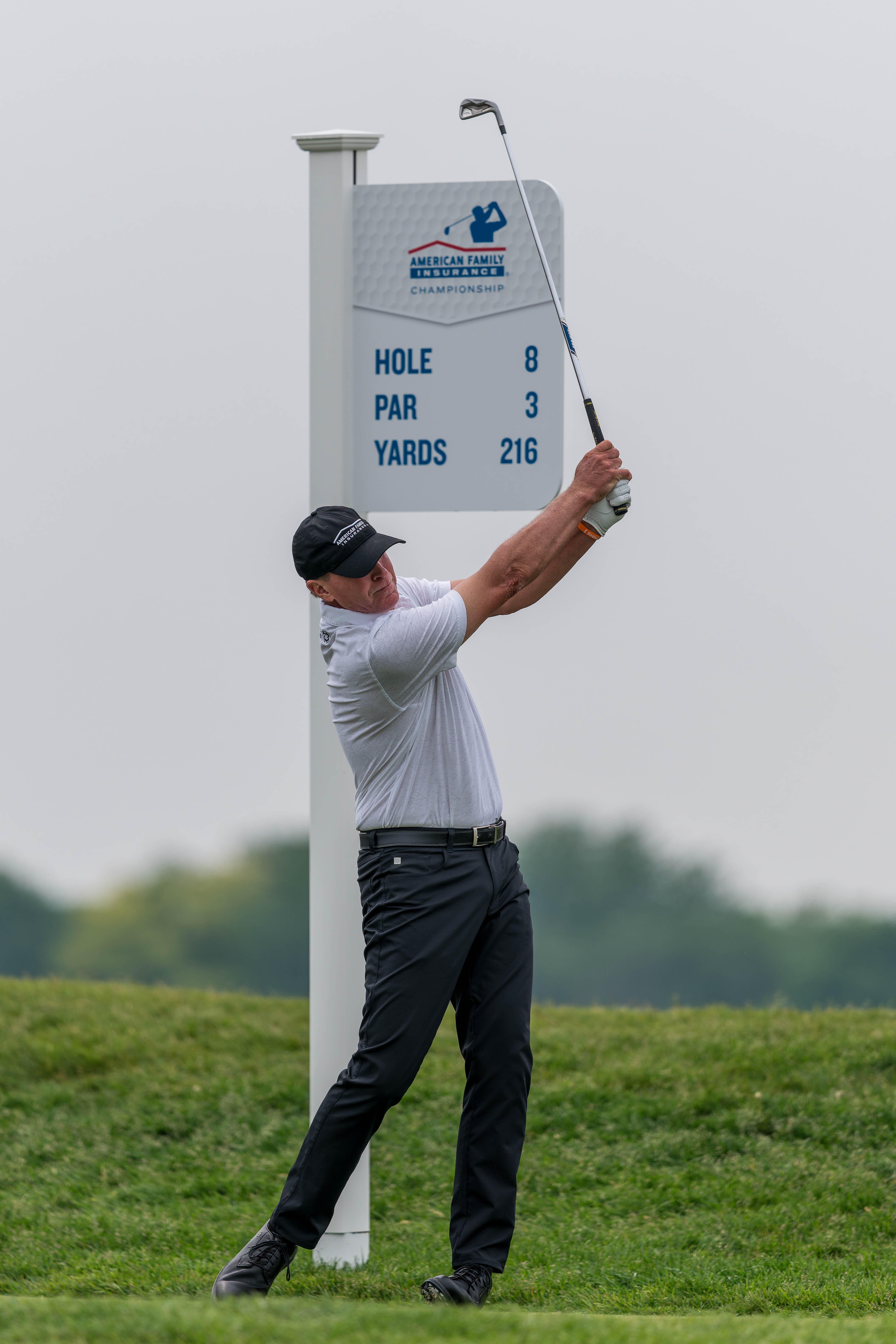 Steve Stricker hits a tee shot on the 8th tee during round 3 of The American Family Insurance Championship at TPC Wisconsin in Madison, Wisconsin on June 8th, 2025. Photography by Ross Harried for Second Crop Sports.