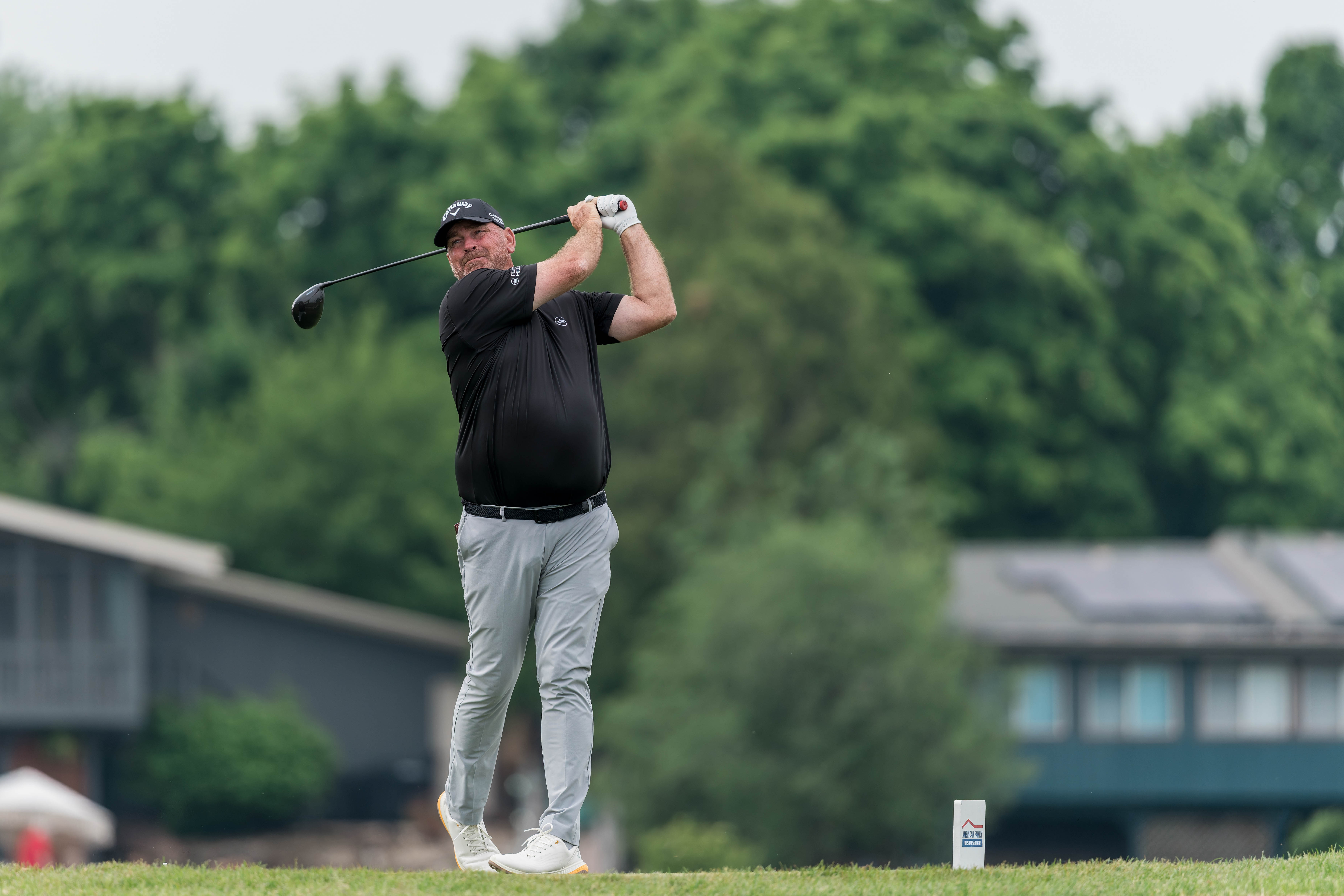 Thomas Bjørn hits a tee shot on the 11th tee during round 3 of The American Family Insurance Championship at TPC Wisconsin in Madison, Wisconsin on June 8th, 2025. Photography by Ross Harried for Second Crop Sports.