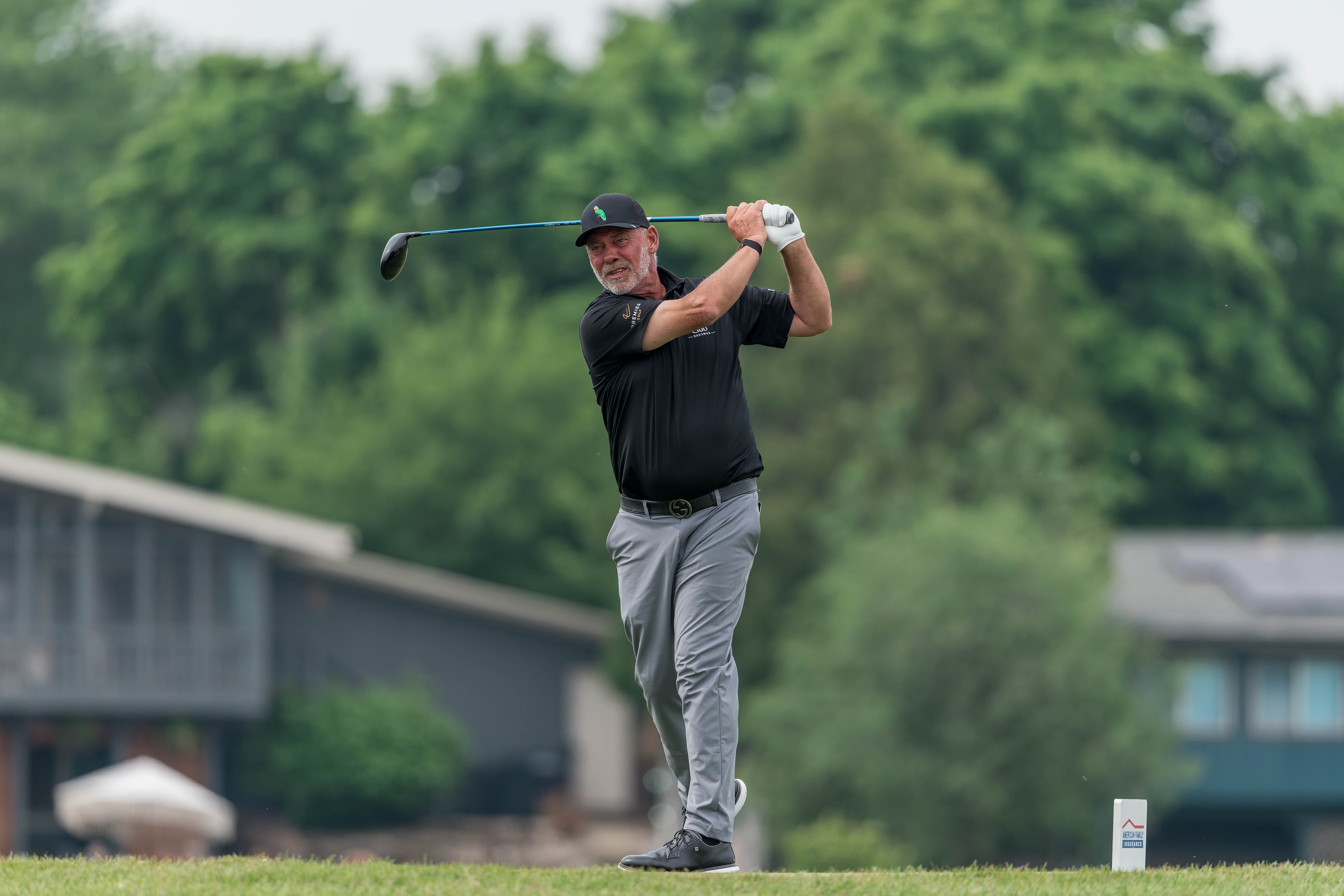 Darren Clarke hits a tee shot on the 11th tee during round 3 of The American Family Insurance Championship at TPC Wisconsin in Madison, Wisconsin on June 8th, 2025. Photography by Ross Harried for Second Crop Sports.