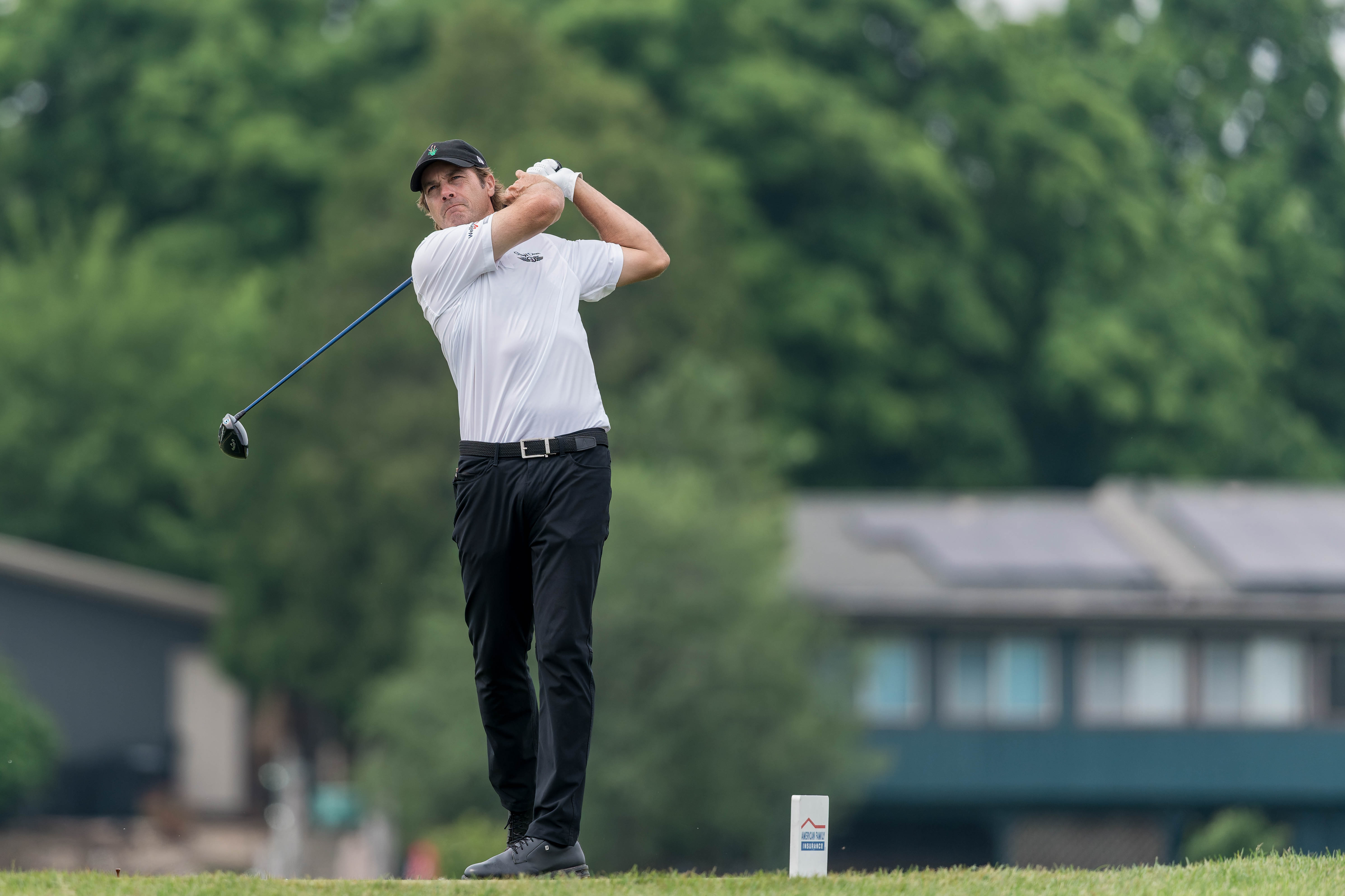 Mario Tiziani hits a tee shot on the 11th tee during round 3 of The American Family Insurance Championship at TPC Wisconsin in Madison, Wisconsin on June 8th, 2025. Photography by Ross Harried for Second Crop Sports.