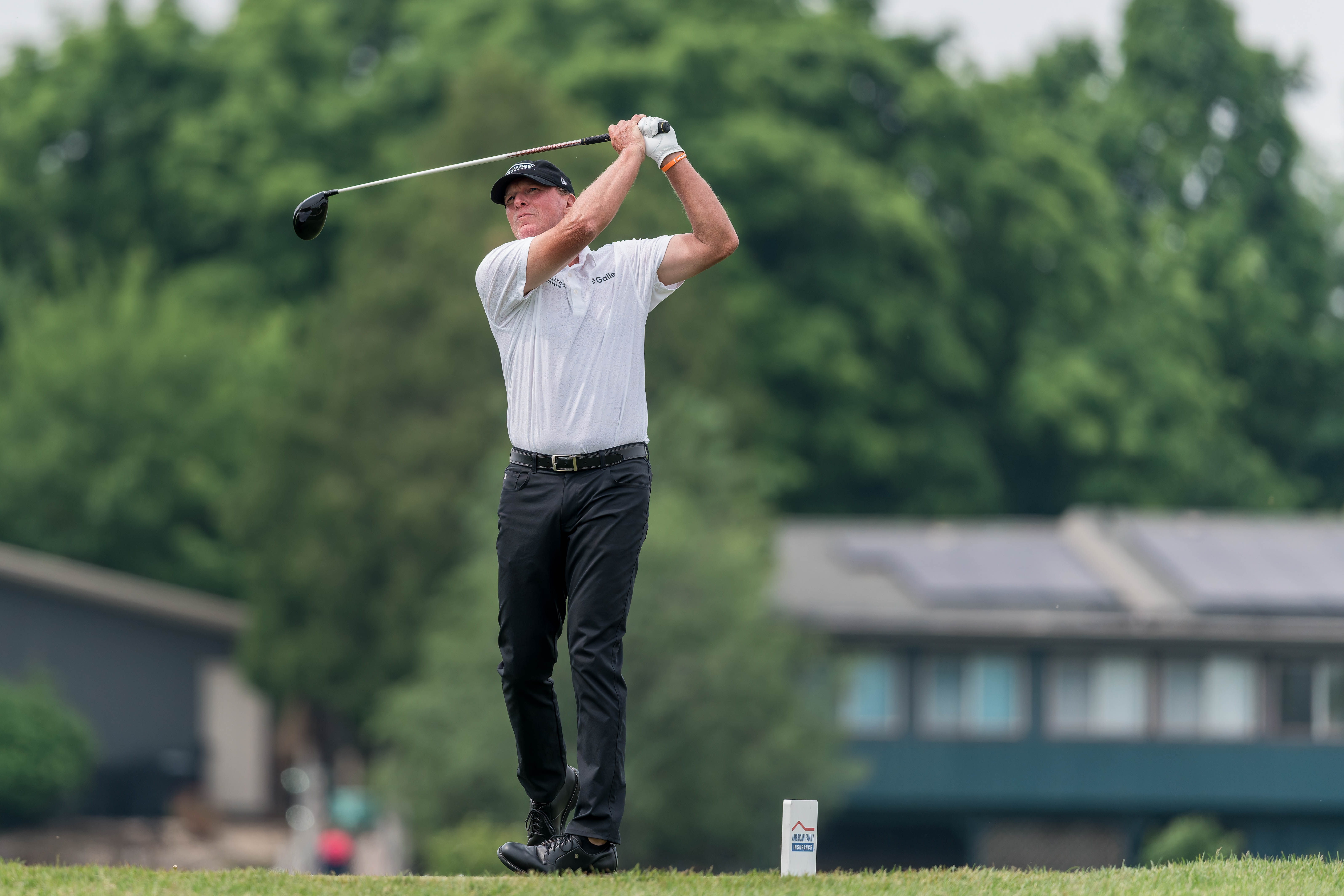 Steve Stricker hits a tee shot on the 11th tee during round 3 of The American Family Insurance Championship at TPC Wisconsin in Madison, Wisconsin on June 8th, 2025. Photography by Ross Harried for Second Crop Sports.