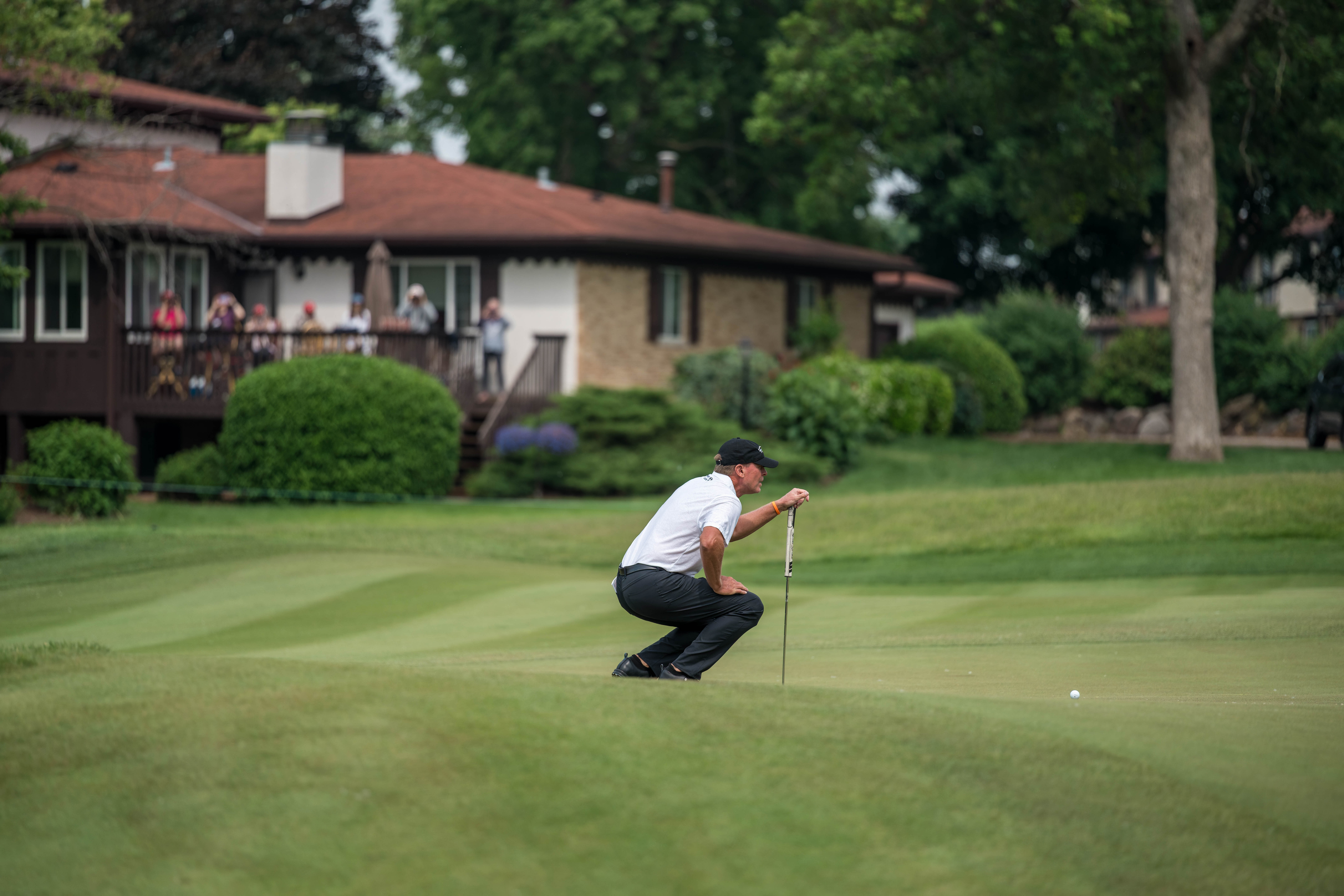 Steve Stricker lines up a putt on hole 11 during round 3 of The American Family Insurance Championship at TPC Wisconsin in Madison, Wisconsin on June 8th, 2025. Photography by Ross Harried for Second Crop Sports.