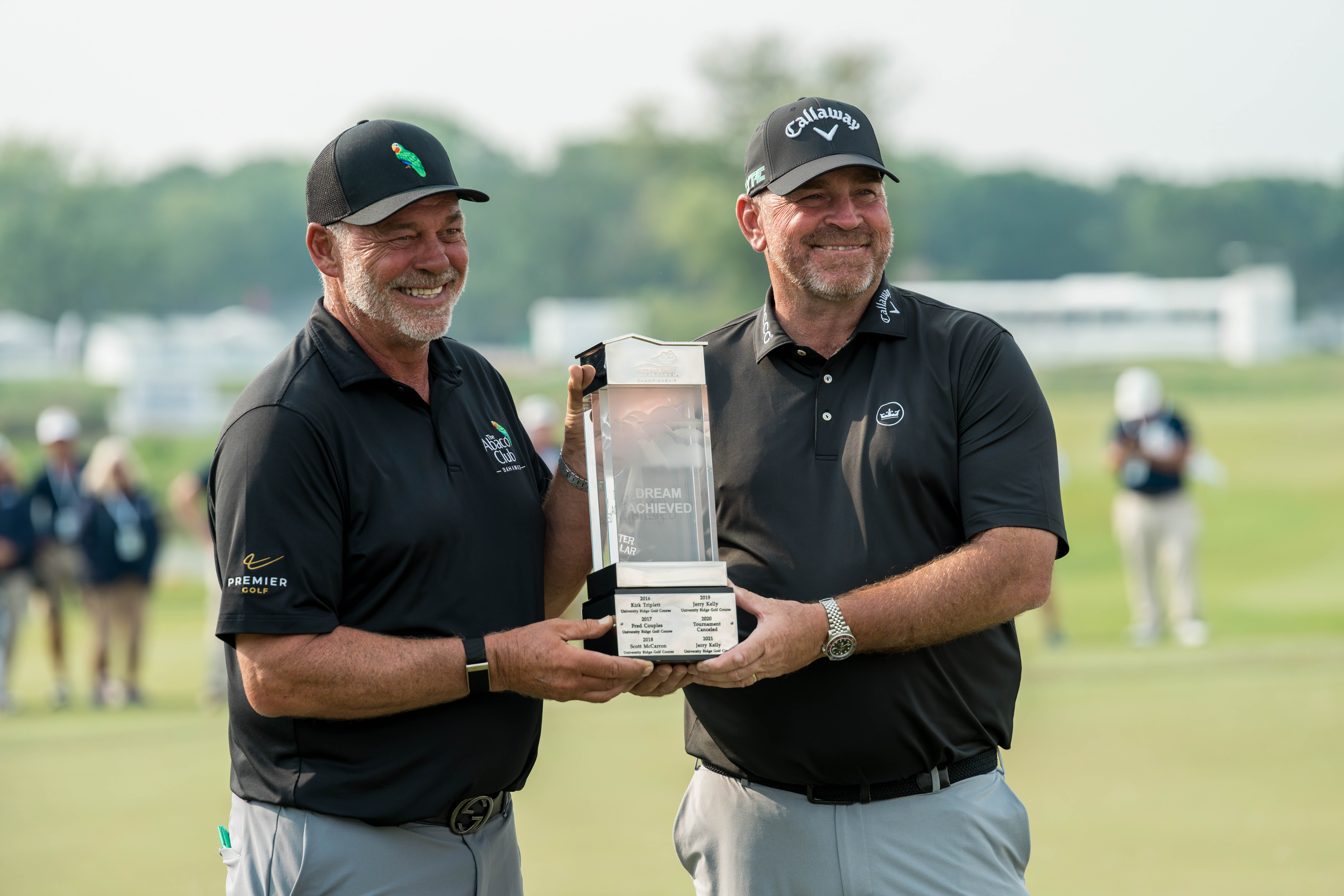 Darren Clarke (left) and Thomas Bjørn (right) hold the “Dream Achieved” Trophy after taking first place in The American Family Insurance Championship at TPC Wisconsin in Madison, Wisconsin on June 8th, 2025. Photography by Ross Harried for Second Crop Sports.