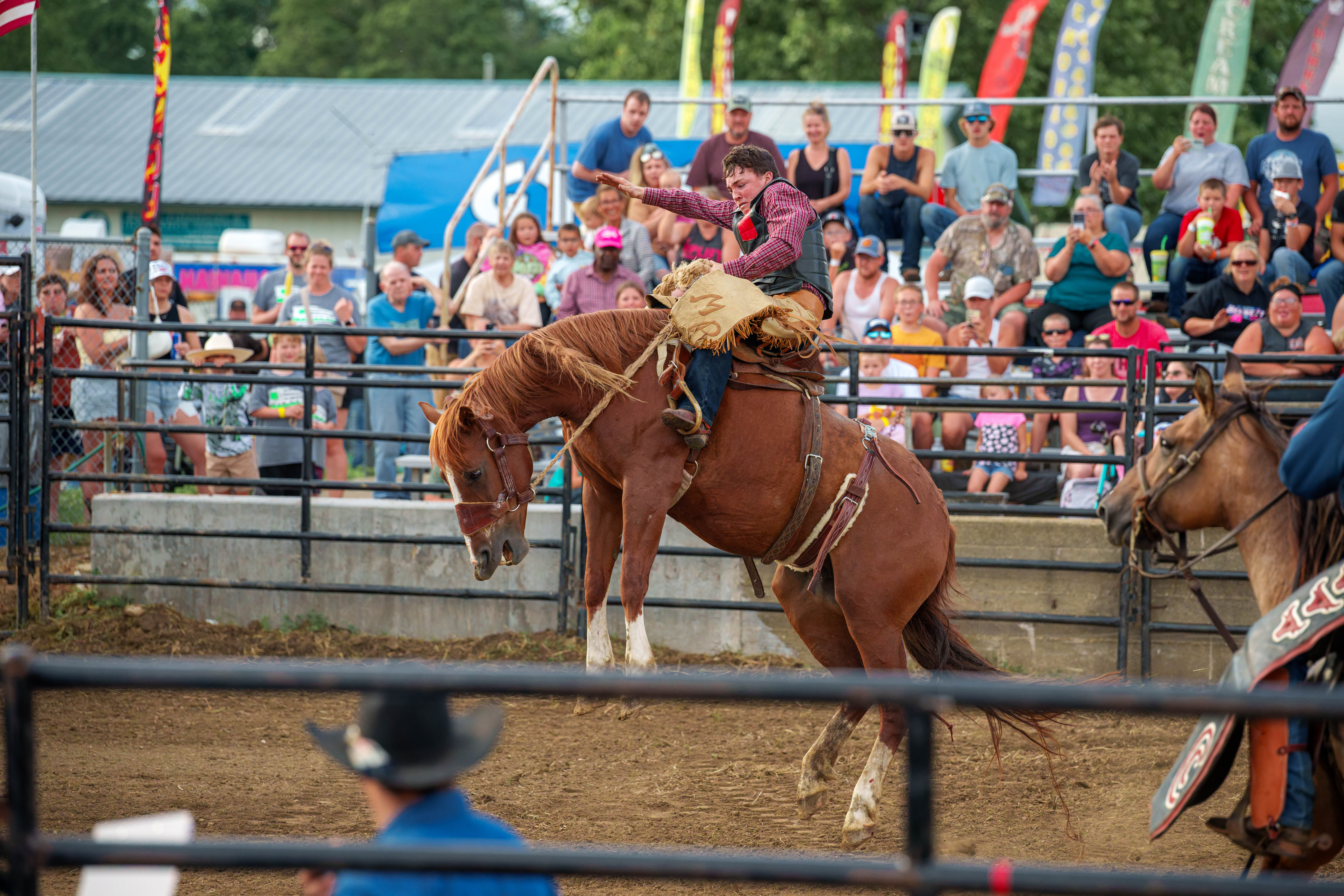 Bucking Bulls full rodeo at the Green County Fair in Monroe, Wisconsin on July 16th, 2025. Photography by Ross Harried for Second Crop Sports.