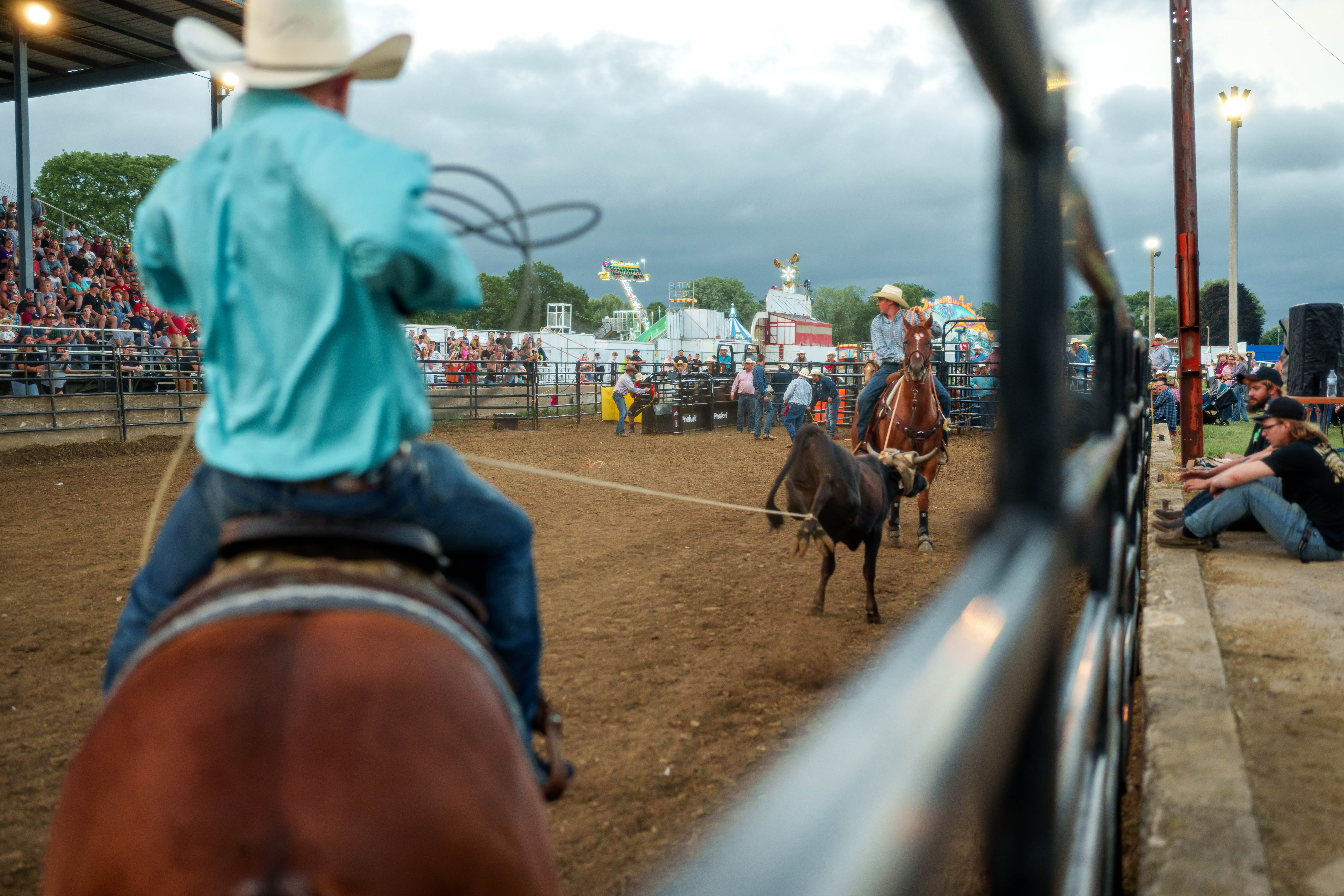 Bucking Bulls full rodeo at the Green County Fair in Monroe, Wisconsin on July 16th, 2025. Photography by Ross Harried for Second Crop Sports.