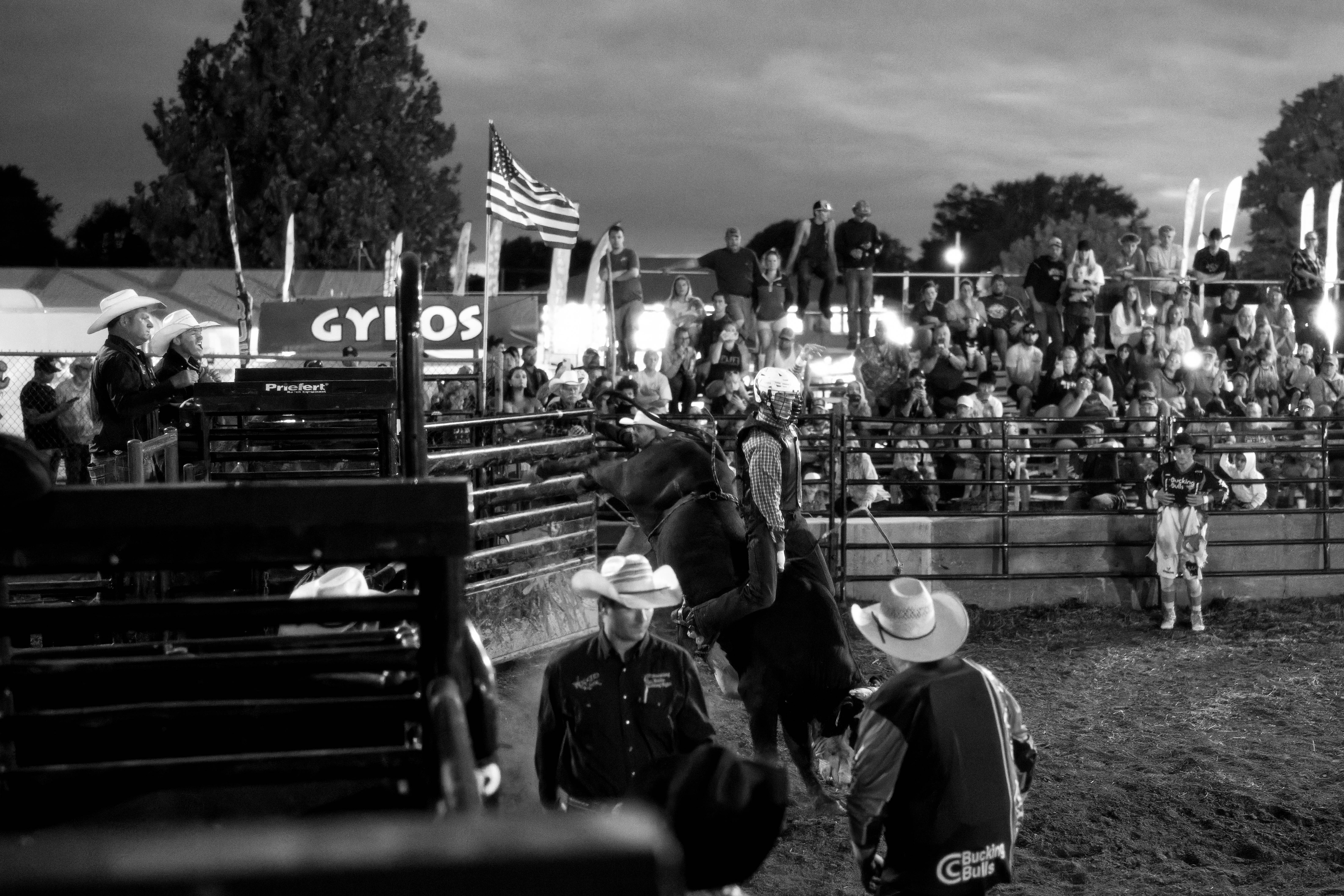 Bucking Bulls full rodeo at the Green County Fair in Monroe, Wisconsin on July 16th, 2025. Photography by Ross Harried for Second Crop Sports.