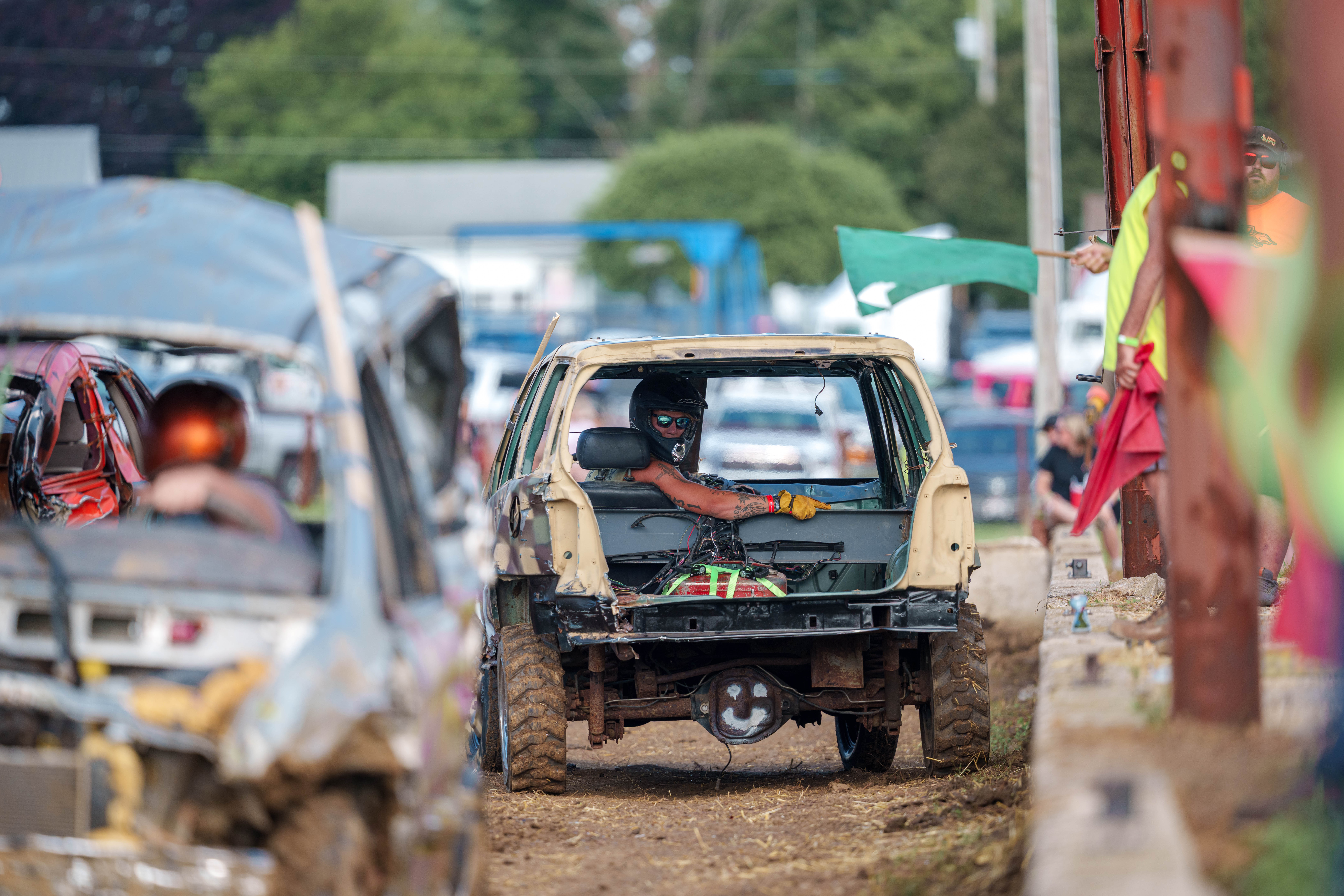 Demolition Derby at the Green County Fair in Monroe, Wisconsin on July 19th, 2025. Photography by Ross Harried for Second Crop Sports.